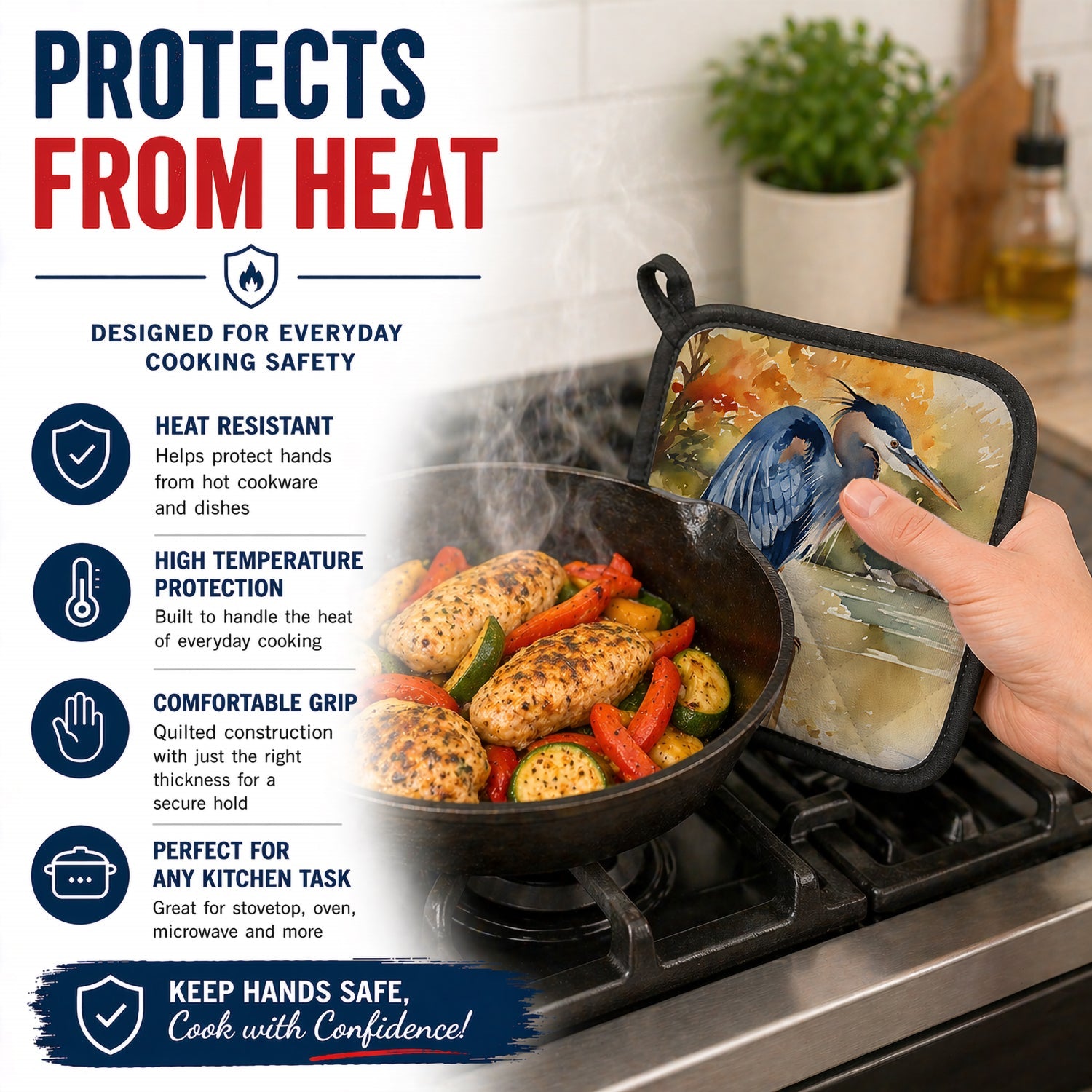 Blue Heron Pot Holder Set of 2 Heat Resistant Quilted Hot Pads 7.5 x 7.5 Inch, Insulated Kitchen Trivets for Cooking & Baking