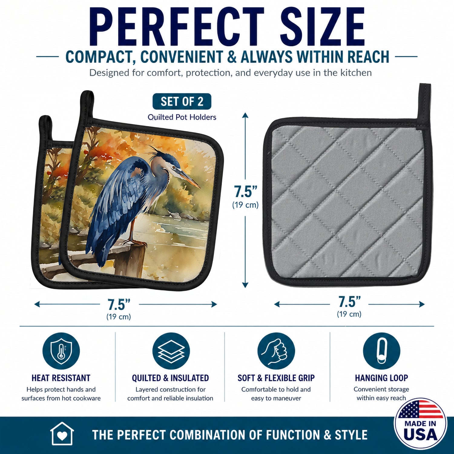 Blue Heron Pot Holder Set of 2 Heat Resistant Quilted Hot Pads 7.5 x 7.5 Inch, Insulated Kitchen Trivets for Cooking & Baking