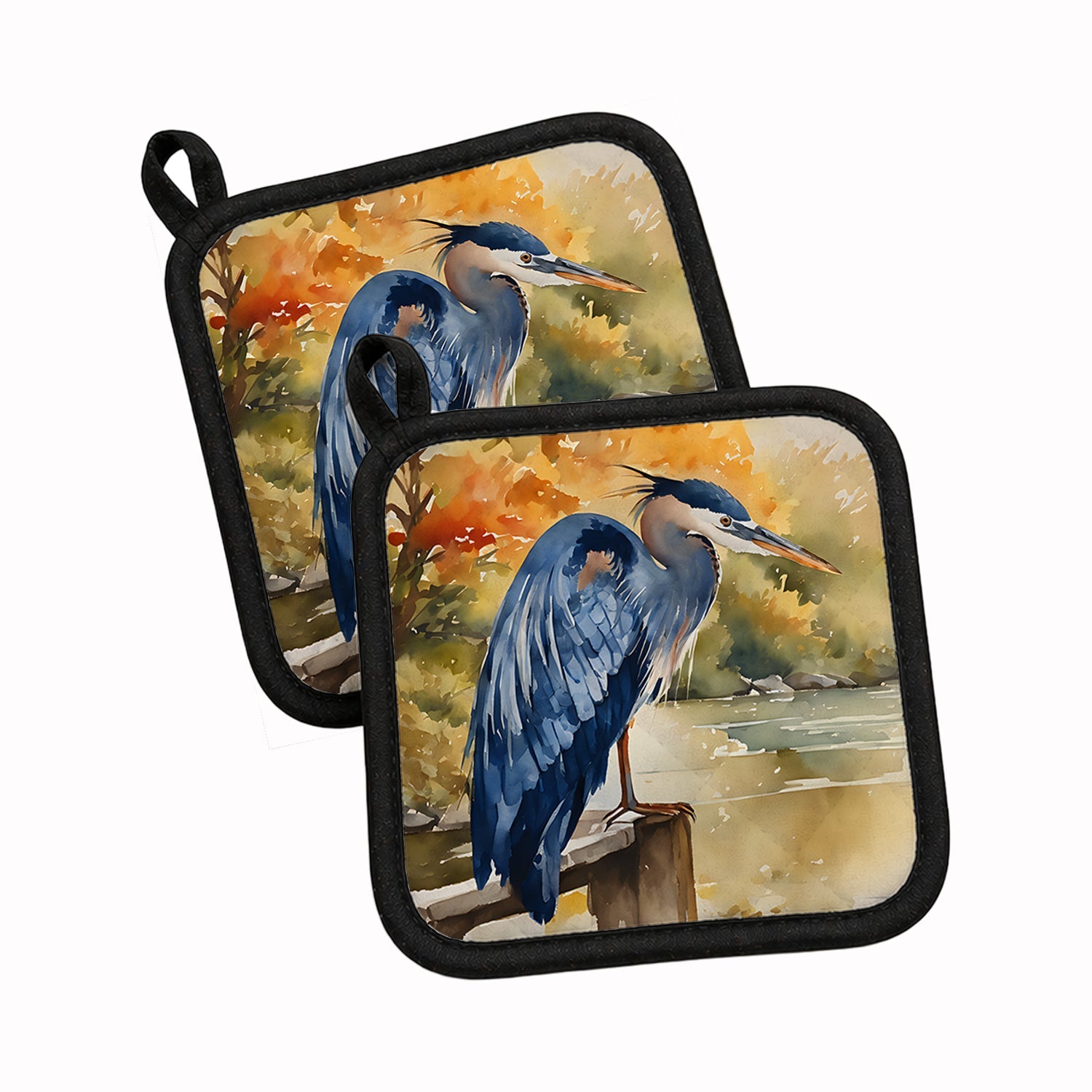 Blue Heron Pot Holder Set of 2 Heat Resistant Quilted Hot Pads 7.5 x 7.5 Inch, Insulated Kitchen Trivets for Cooking & Baking