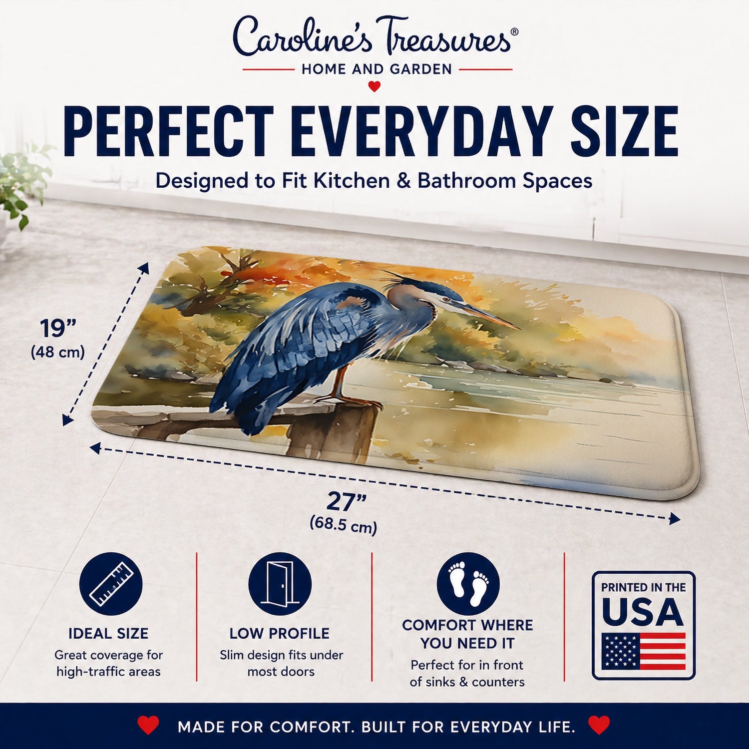 Blue Heron Memory Foam Kitchen Mat Machine Washable Anti-Fatigue Cushion Comfort Bath or Kitchen Rug