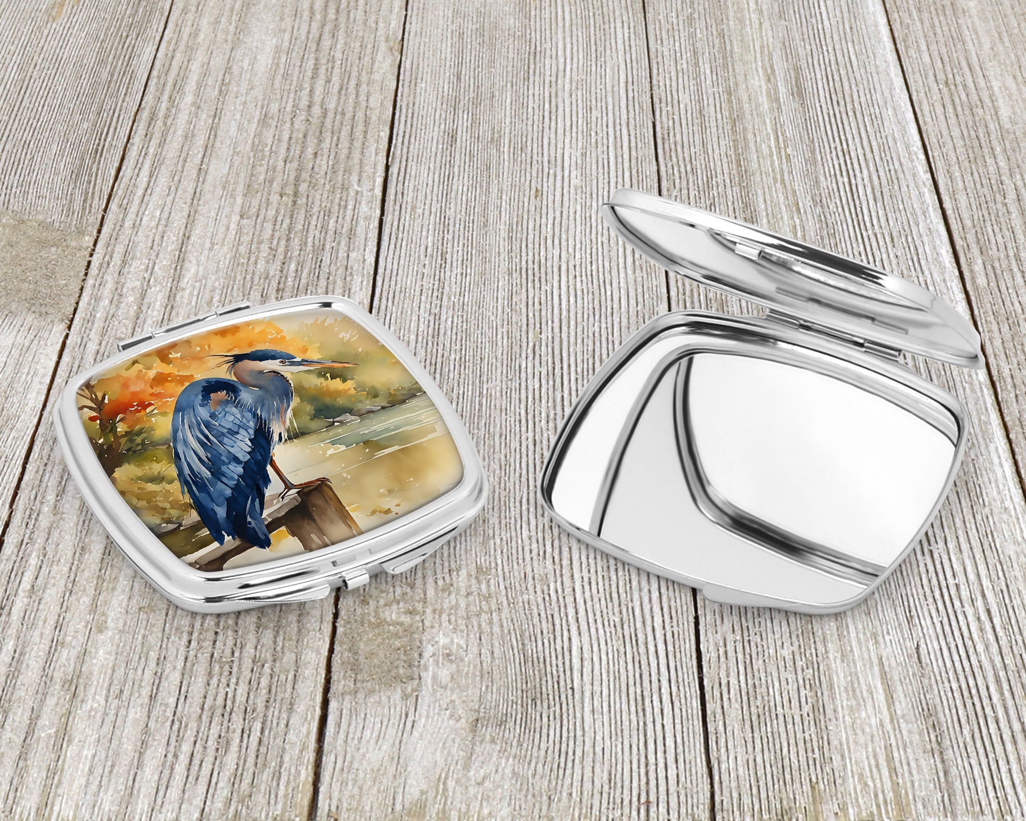 Blue Heron Compact Mirror Decorative Travel Makeup Mirror for Women Girls Gifts Pocket Makeup Mirror Folding Handheld