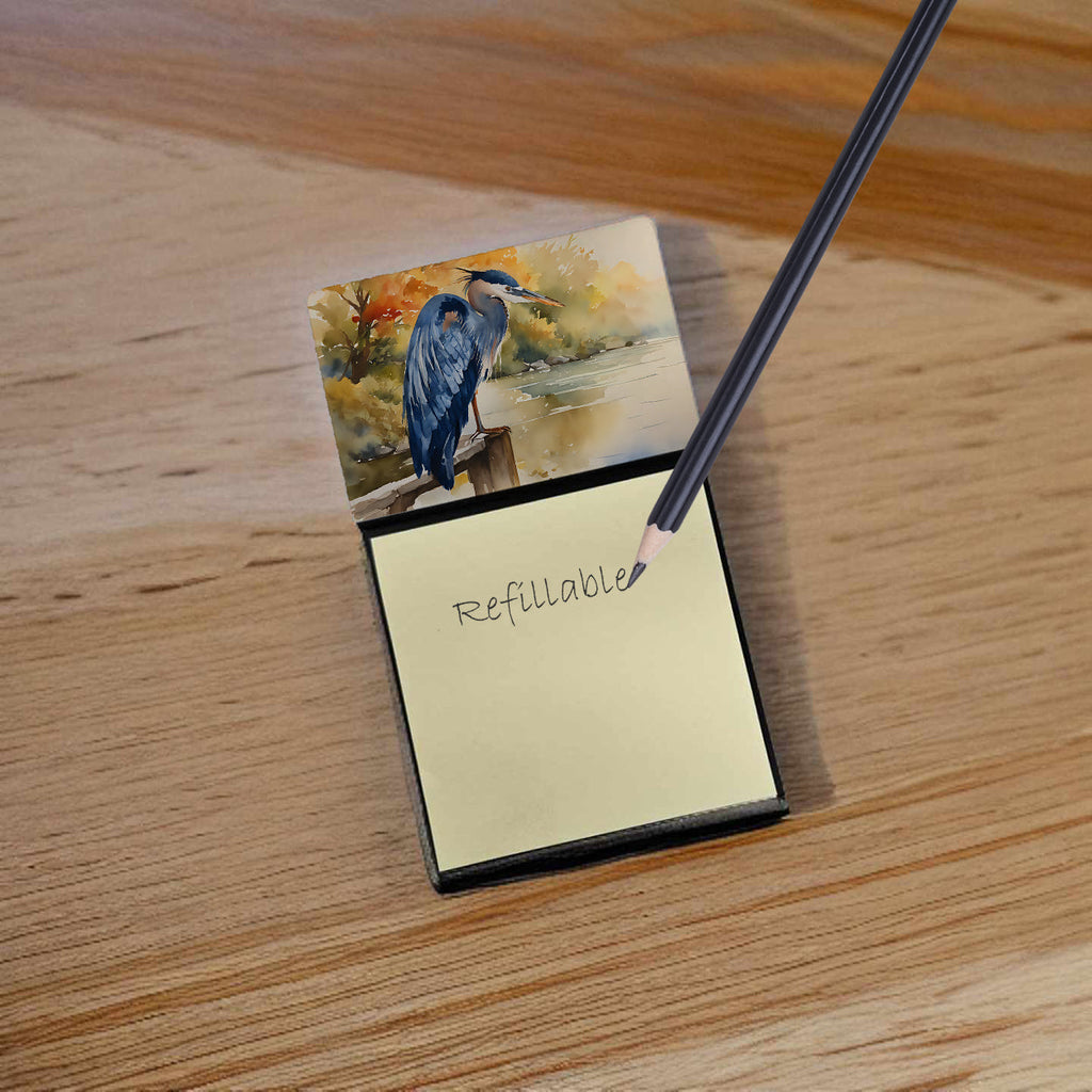 Blue Heron Watercolor Sticky Note Holder Refillable Dispenser Desk Accessory 3x3 Pad Gift