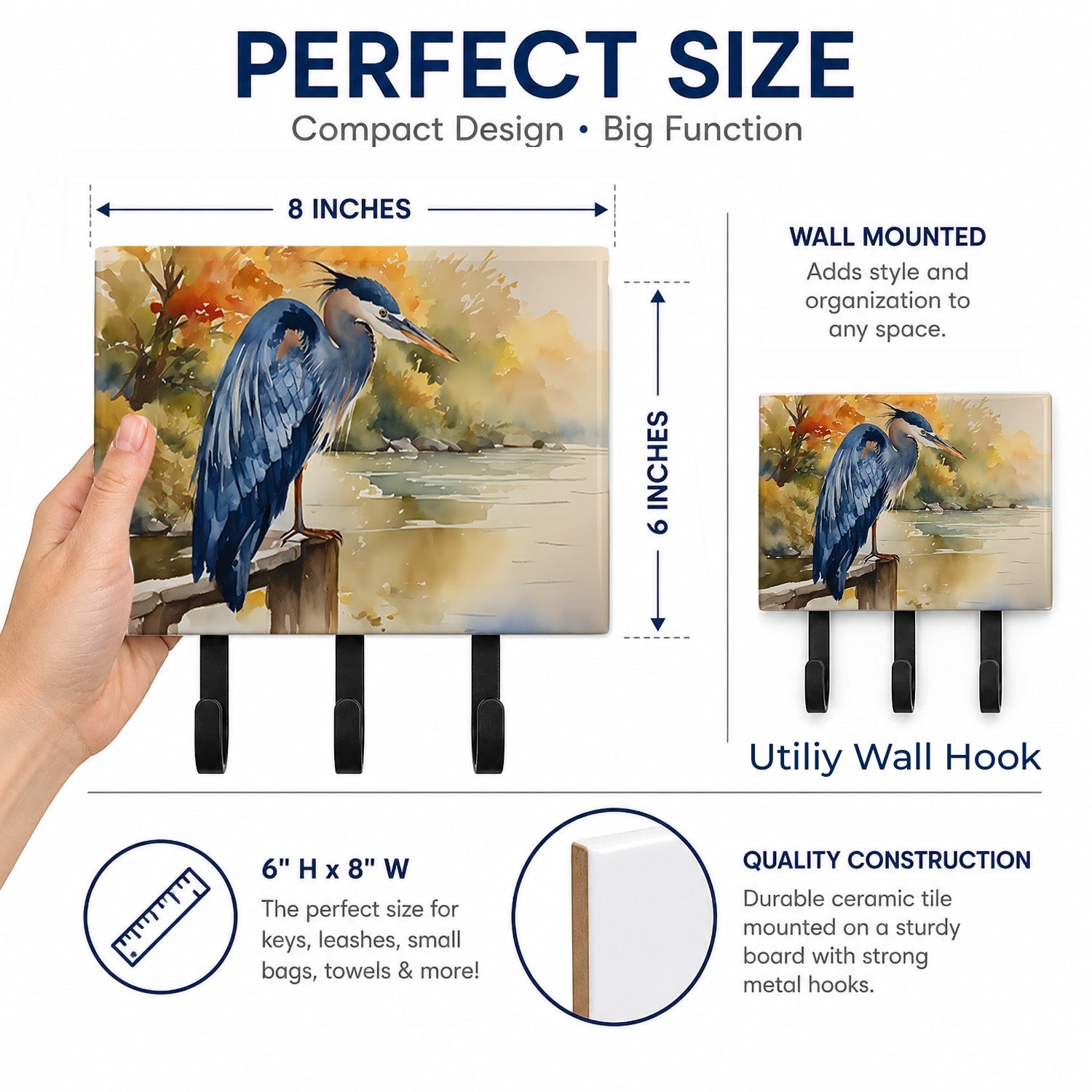 Blue Heron Leash or Key Holder Wall Hooks, Coat Rack Wall Mount, for Hanging Keys, Towels, Aprons, Leashes