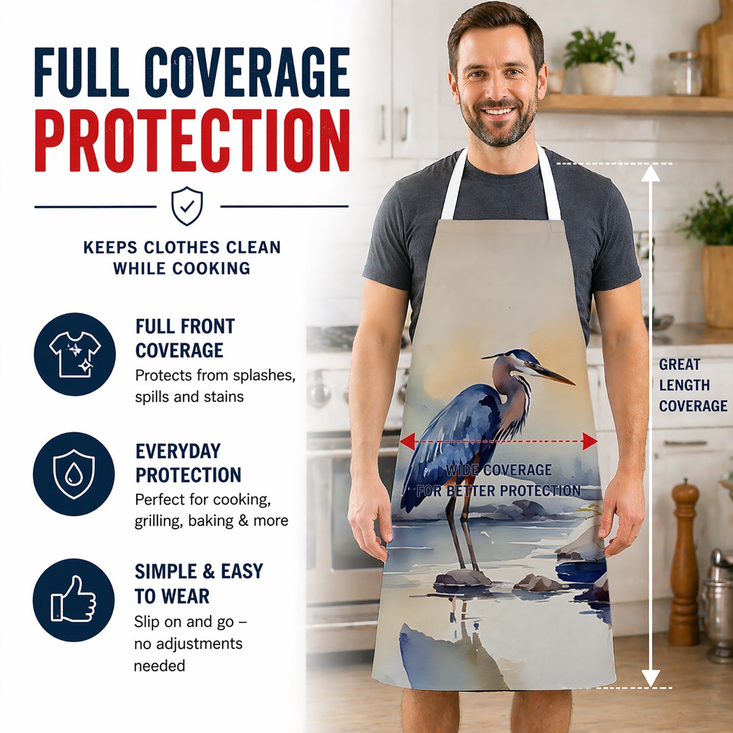 Blue Heron Apron Cooking Kitchen Server Baking Crafts Gardening for Adult Women Men, Unisex, Large, Multicolor