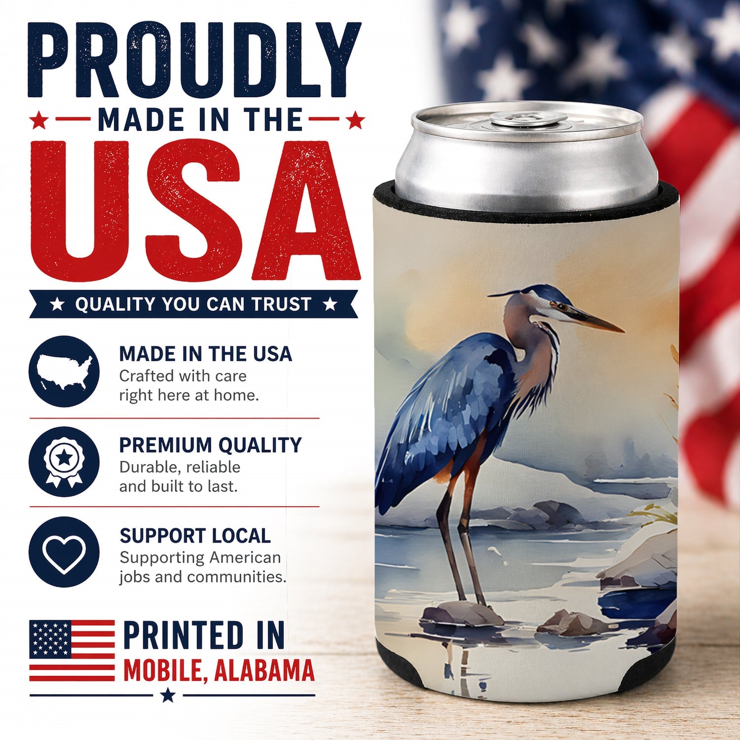 Blue Heron Can or Bottle Hugger Cooler Sleeve for Standard 12 oz Cans, Insulated Foam Beer & Soda Can Hugger Reusable