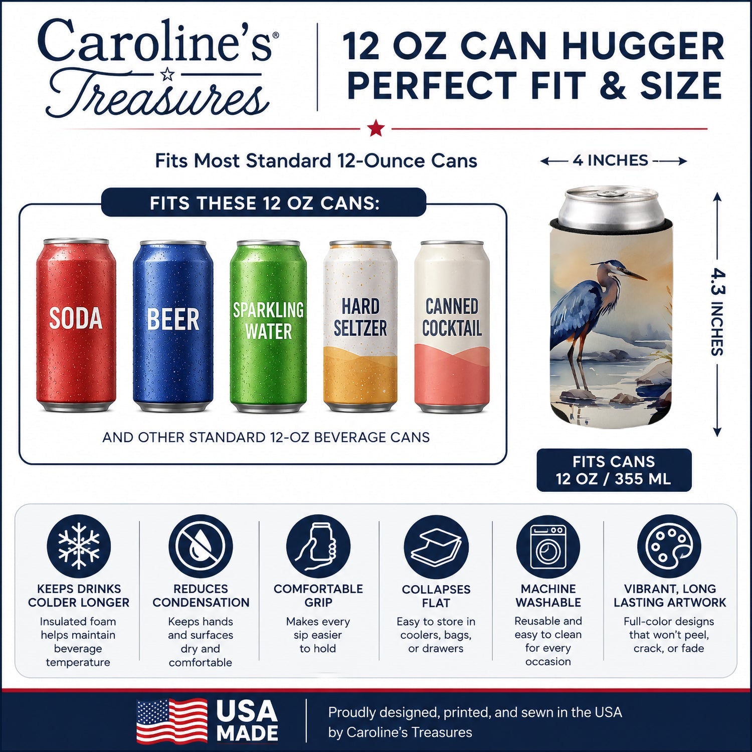Blue Heron Can or Bottle Hugger Cooler Sleeve for Standard 12 oz Cans, Insulated Foam Beer & Soda Can Hugger Reusable