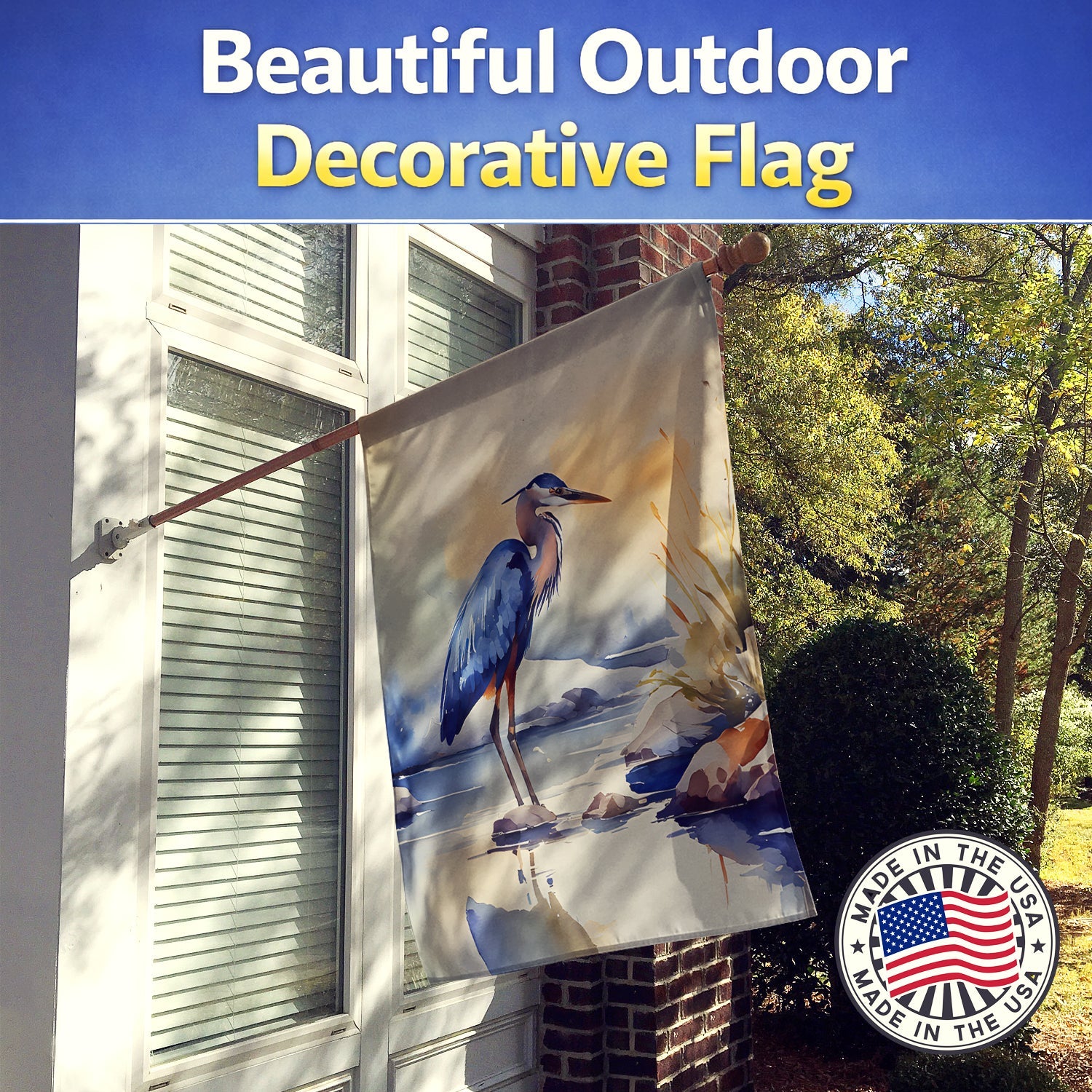 Blue Heron House Flag 28x40 Porch Sleeve Pole Decorative Outside Yard Banner Artwork Wall Hanging, Polyester