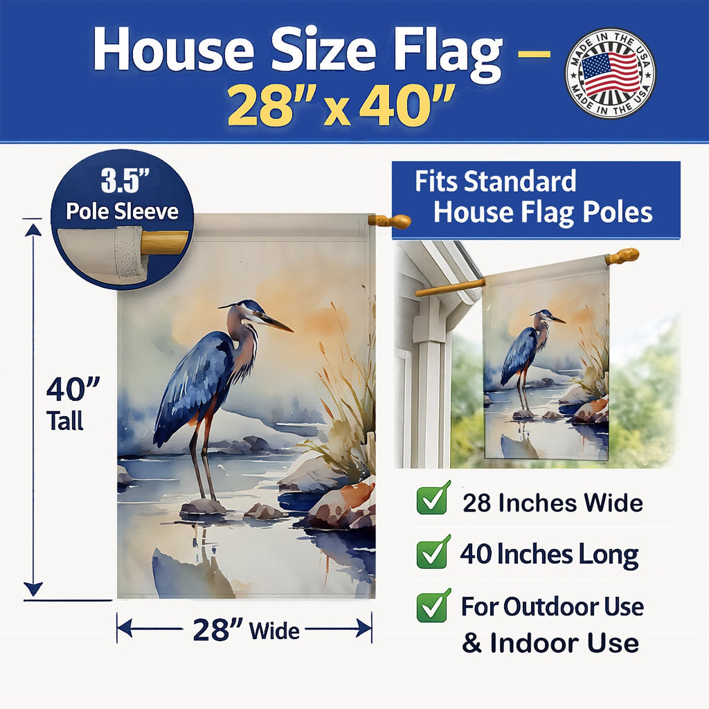 Blue Heron House Flag 28x40 Porch Sleeve Pole Decorative Outside Yard Banner Artwork Wall Hanging, Polyester
