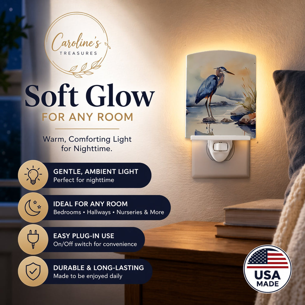 Blue Heron Ceramic Night Light Compact, UL-Certified, Ideal for Bedroom, Bathroom, Nursery, Hallway, Kitchen, 6x4x3, Multicolor