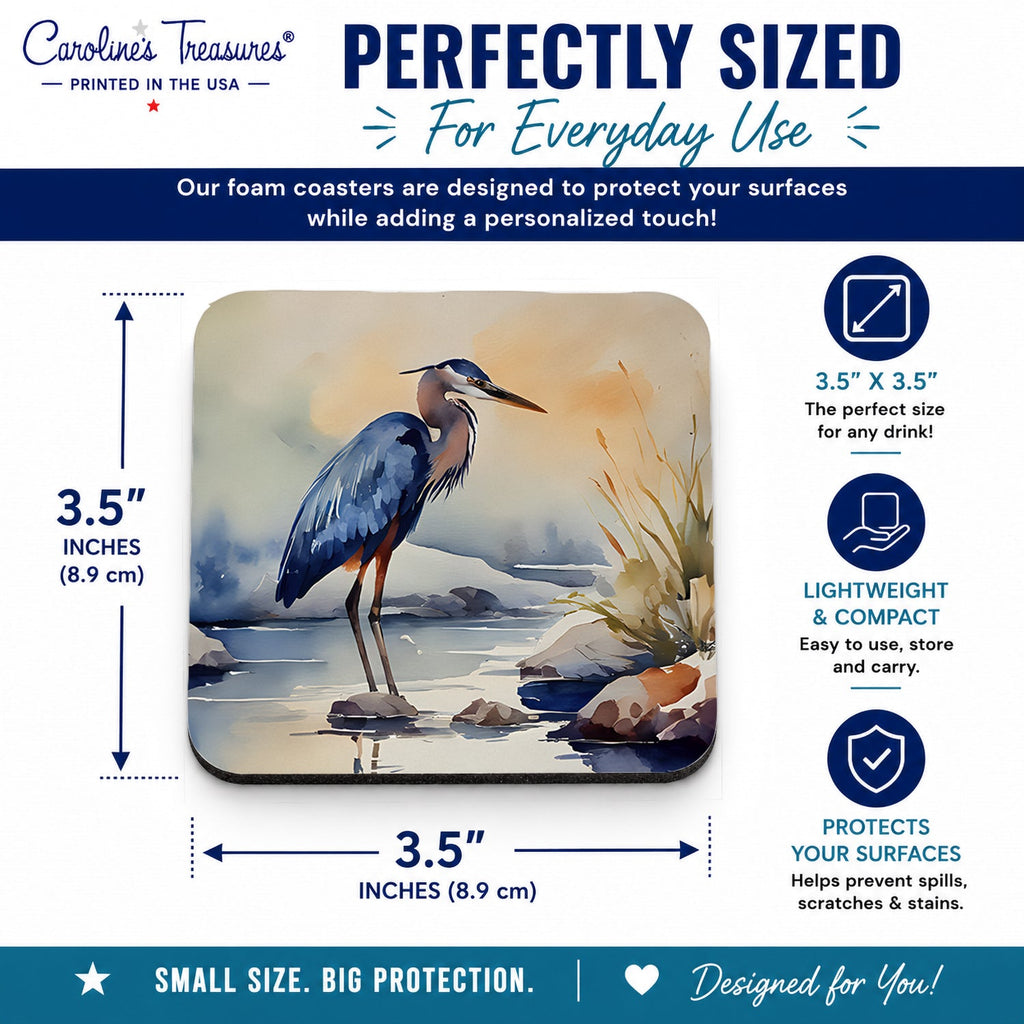 Blue Heron Foam Coasters Set of 4 Cup Coasters for Indoor Outdoor, Tabletop Protection, Anti Slip, Mouse pad Material