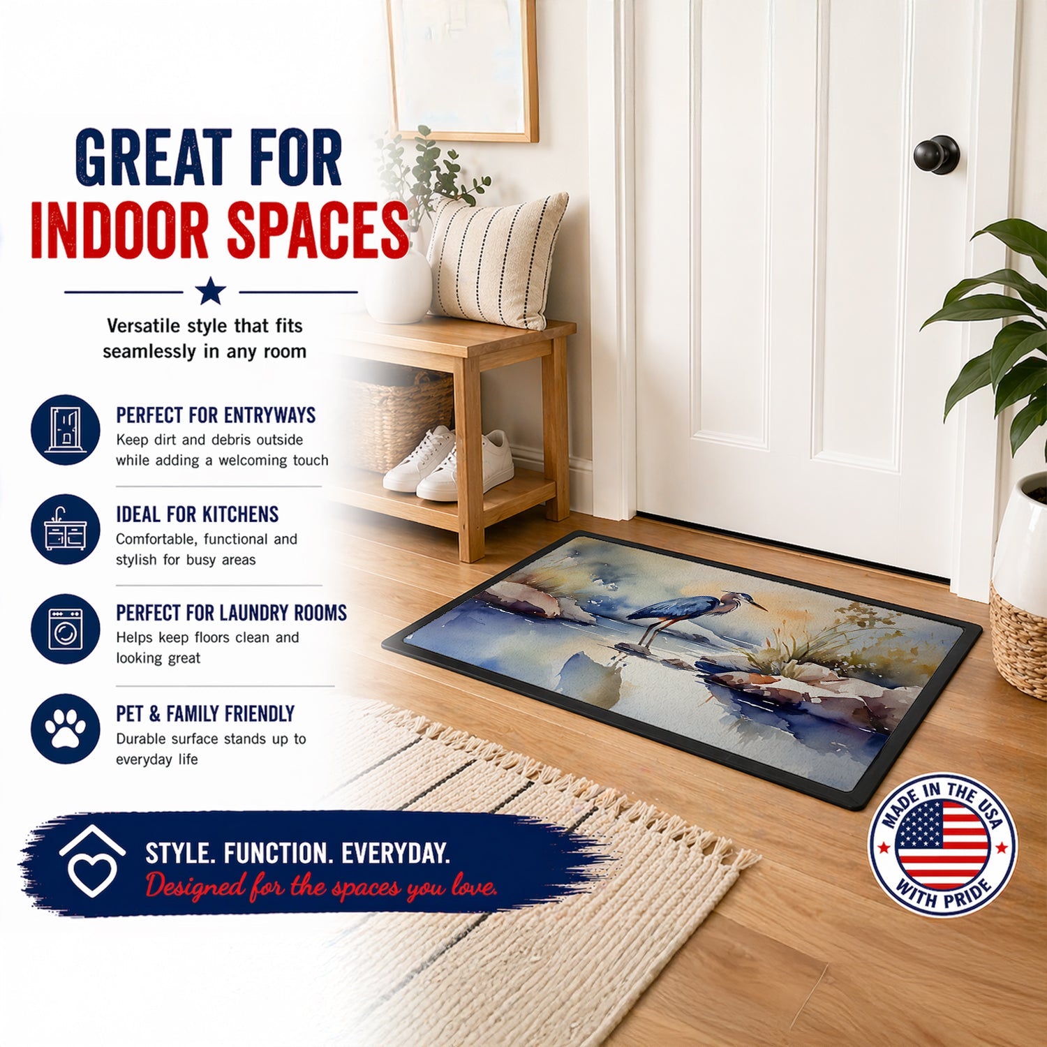 Blue Heron Doormat Indoor Outdoor 24H X 36W Front Door Mat Rugs for Entryway, Non Slip Washable Low Pile,