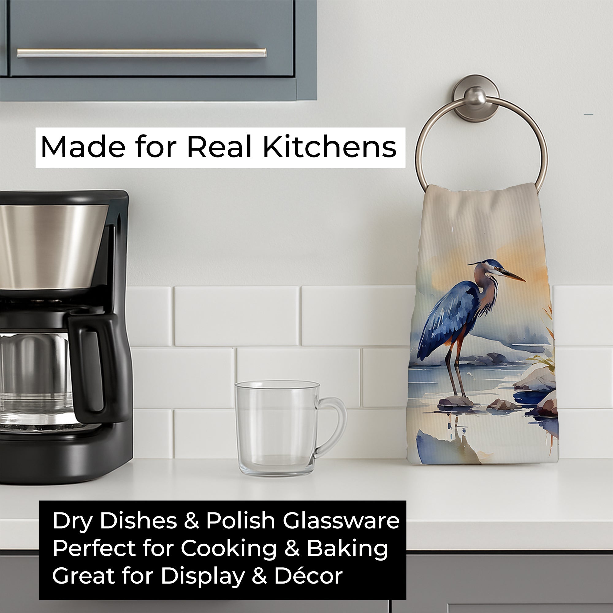 Blue Heron Kitchen Towel Velour Plush Front and Cotton Loop Back Machine Washable