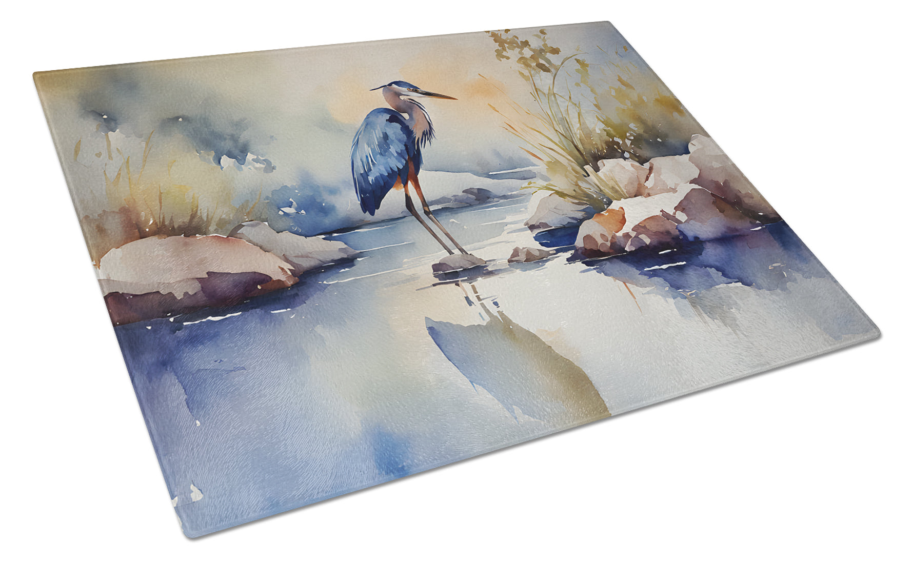 Blue Heron Cutting Board Tempered Glass Kitchen Cutting Surface, Heat Resistant Chopping, Non-Slip Feet, Food Prep & Serving