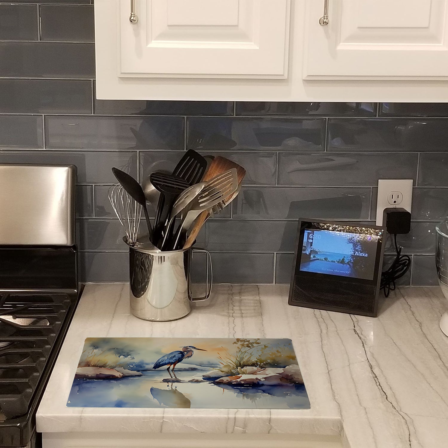 Blue Heron Cutting Board Tempered Glass Kitchen Cutting Surface, Heat Resistant Chopping, Non-Slip Feet, Food Prep & Serving