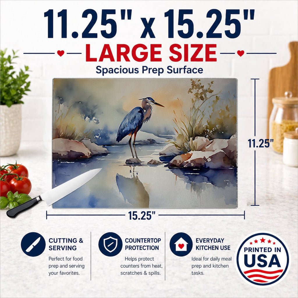 Blue Heron Cutting Board Tempered Glass Kitchen Cutting Surface, Heat Resistant Chopping, Non-Slip Feet, Food Prep & Serving