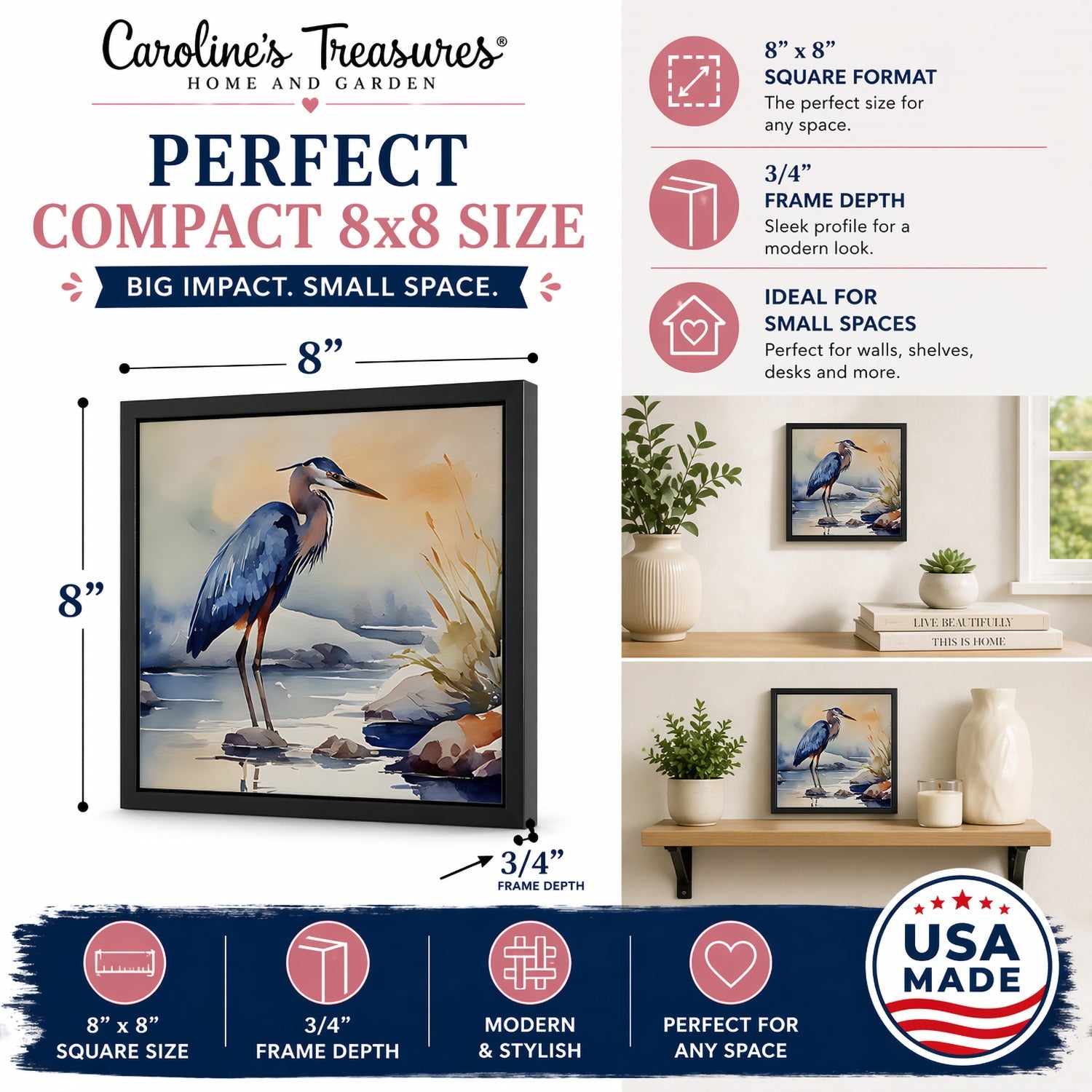Blue Heron Framed Metal Print Bathroom, Kitchen, Office, Home Decor Wall Art Ready to Hang, Square, 8X8