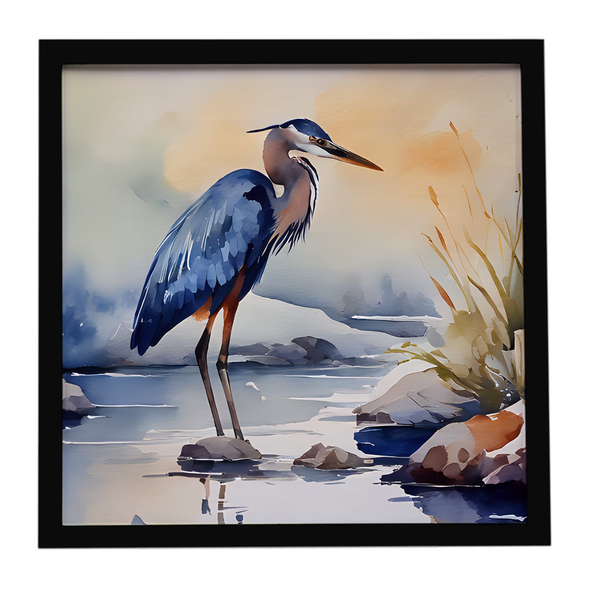 Blue Heron Framed Metal Print Bathroom, Kitchen, Office, Home Decor Wall Art Ready to Hang, Square, 8X8