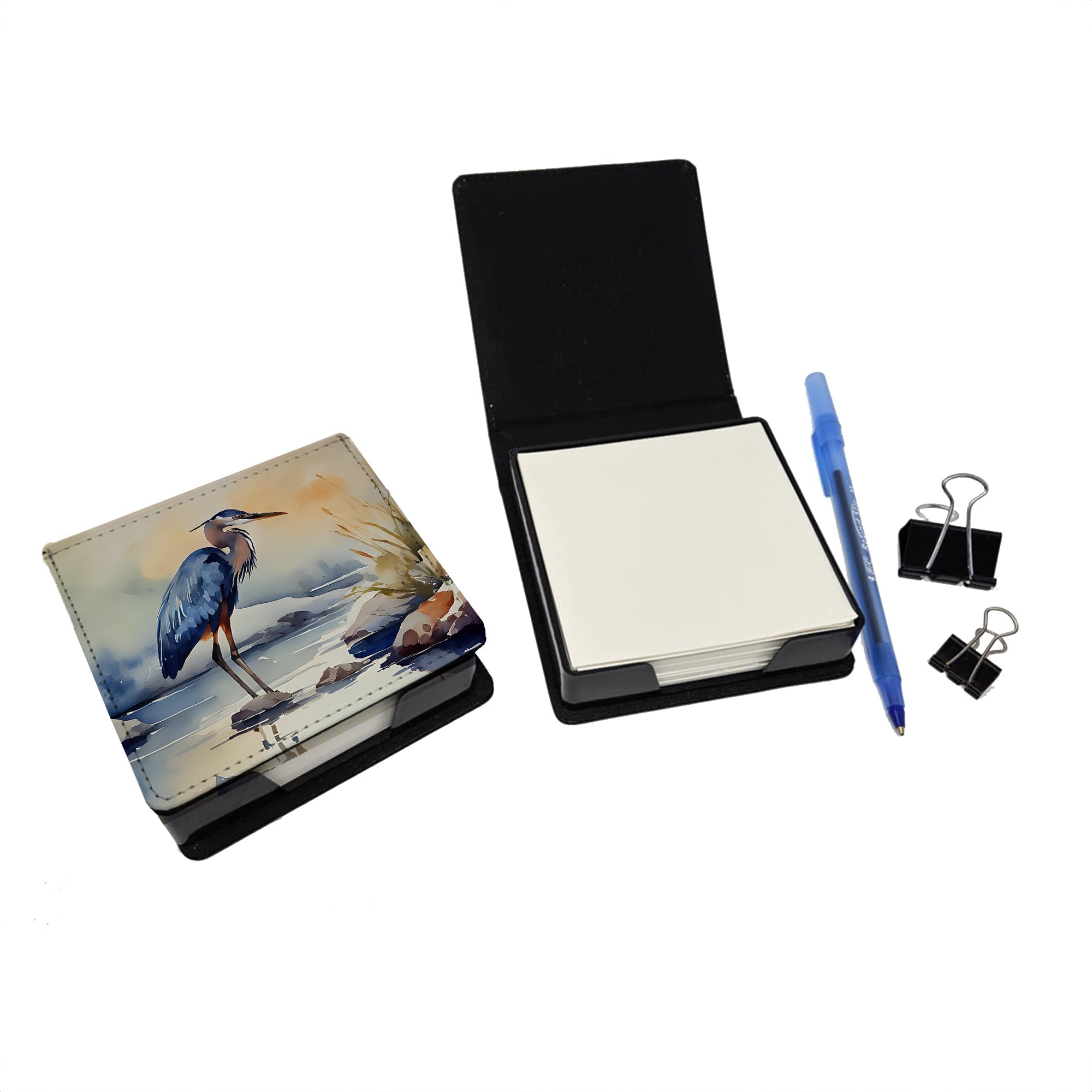 Blue Heron PU Leather Note Paper Holder with Artist-Designed Cover, Desk Accessory, Office Gift