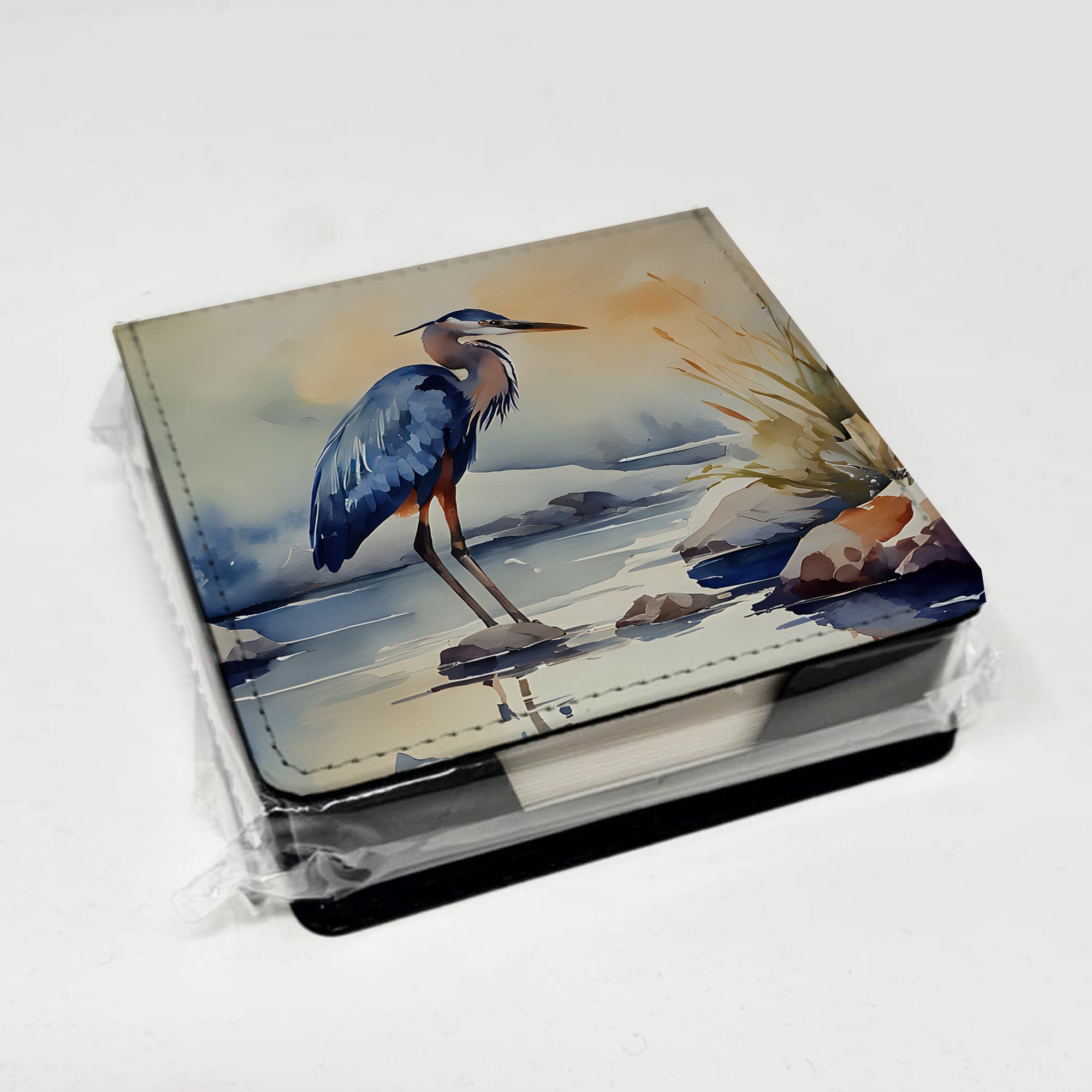 Blue Heron PU Leather Note Paper Holder with Artist-Designed Cover, Desk Accessory, Office Gift