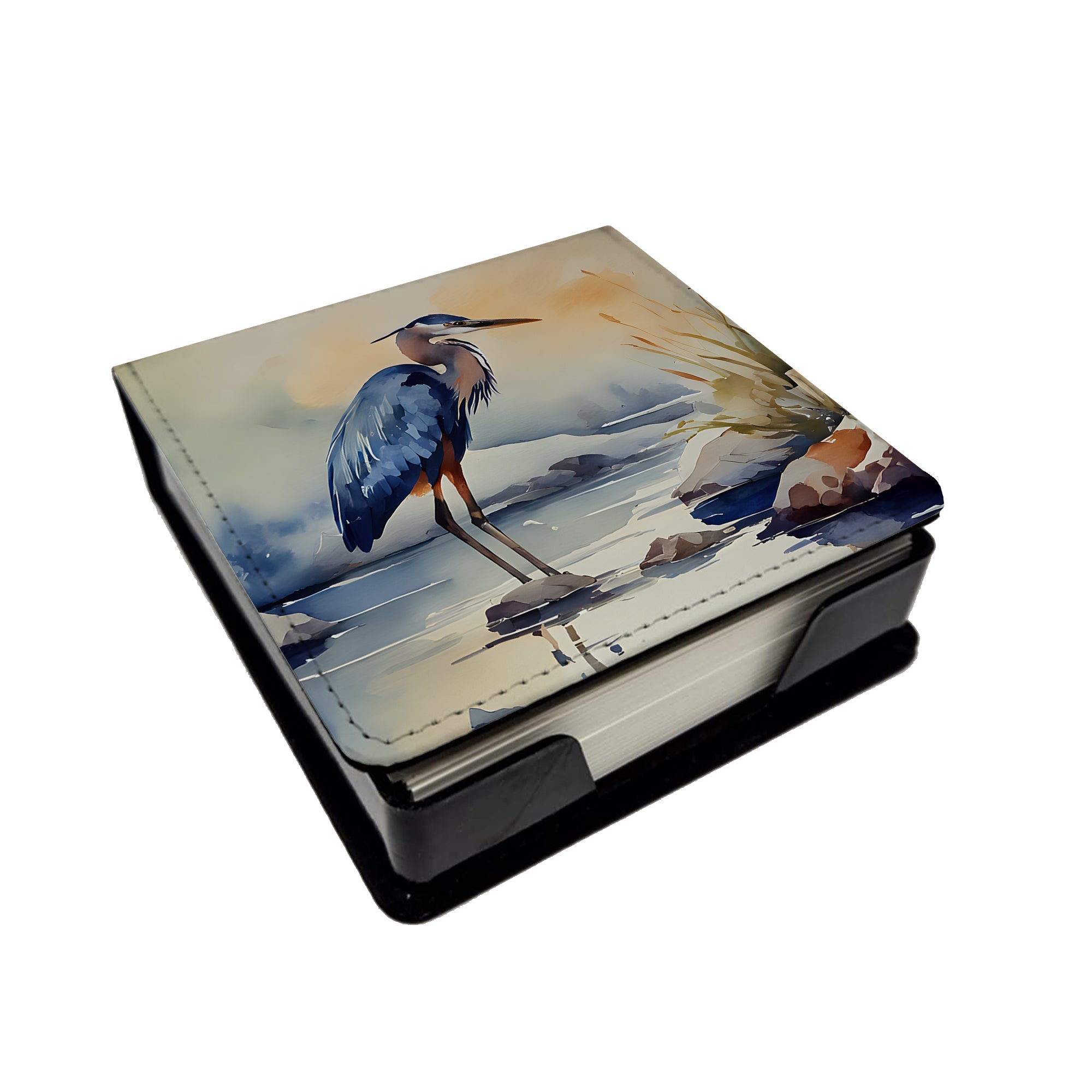Blue Heron PU Leather Note Paper Holder with Artist-Designed Cover, Desk Accessory, Office Gift