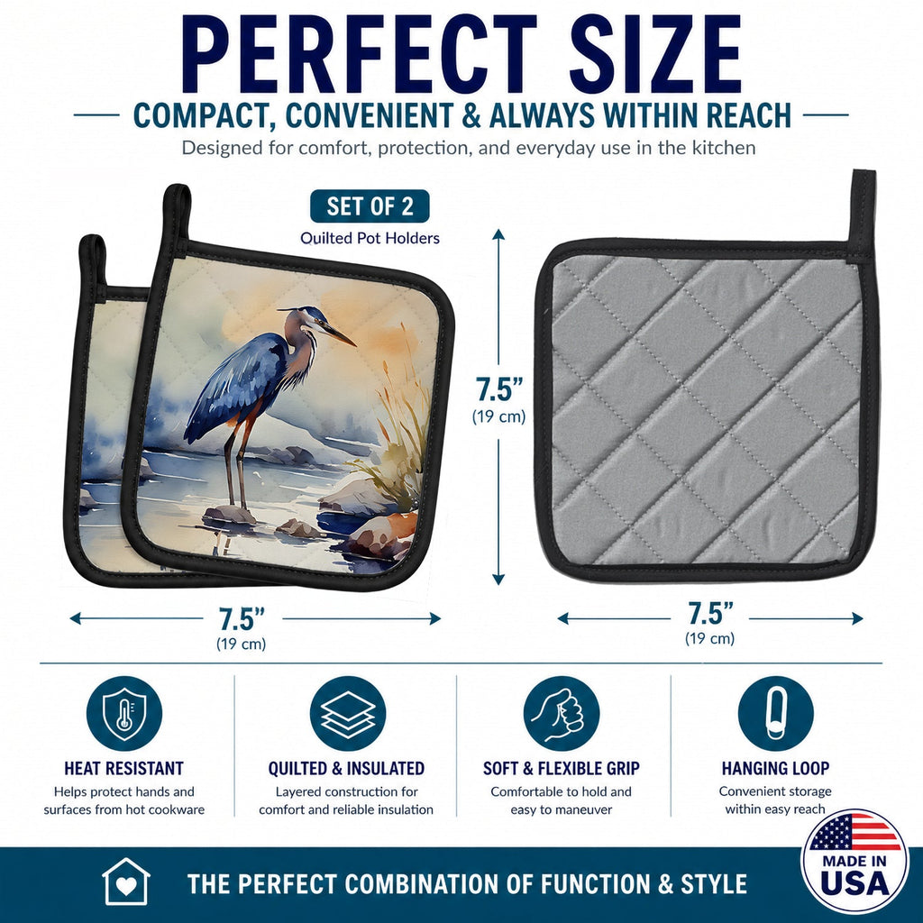 Blue Heron Pot Holder Set of 2 Heat Resistant Quilted Hot Pads 7.5 x 7.5 Inch, Insulated Kitchen Trivets for Cooking & Baking