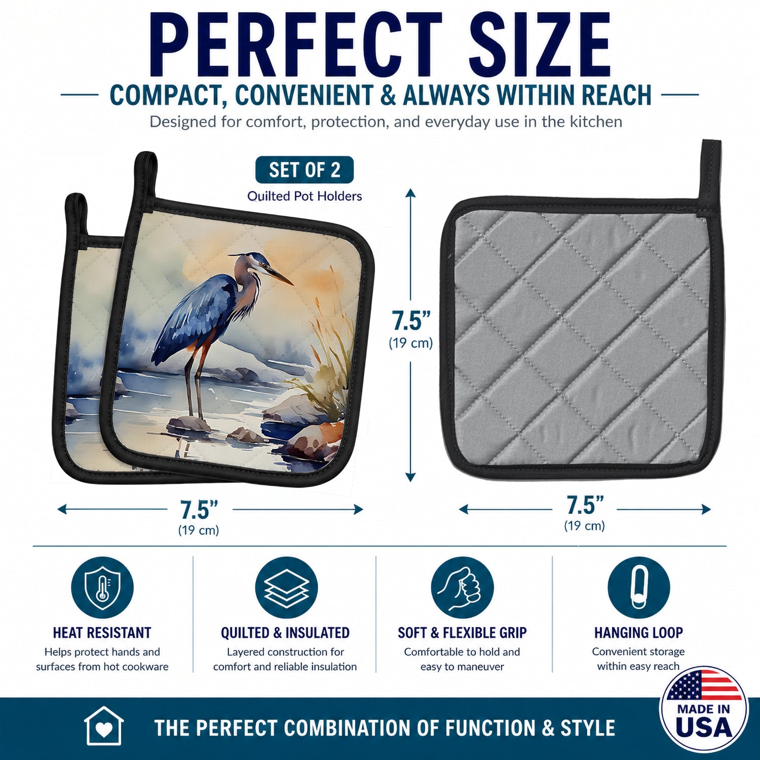 Blue Heron Pot Holder Set of 2 Heat Resistant Quilted Hot Pads 7.5 x 7.5 Inch, Insulated Kitchen Trivets for Cooking & Baking