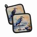 Blue Heron Pot Holder Set of 2 Heat Resistant Quilted Hot Pads 7.5 x 7.5 Inch, Insulated Kitchen Trivets for Cooking & Baking