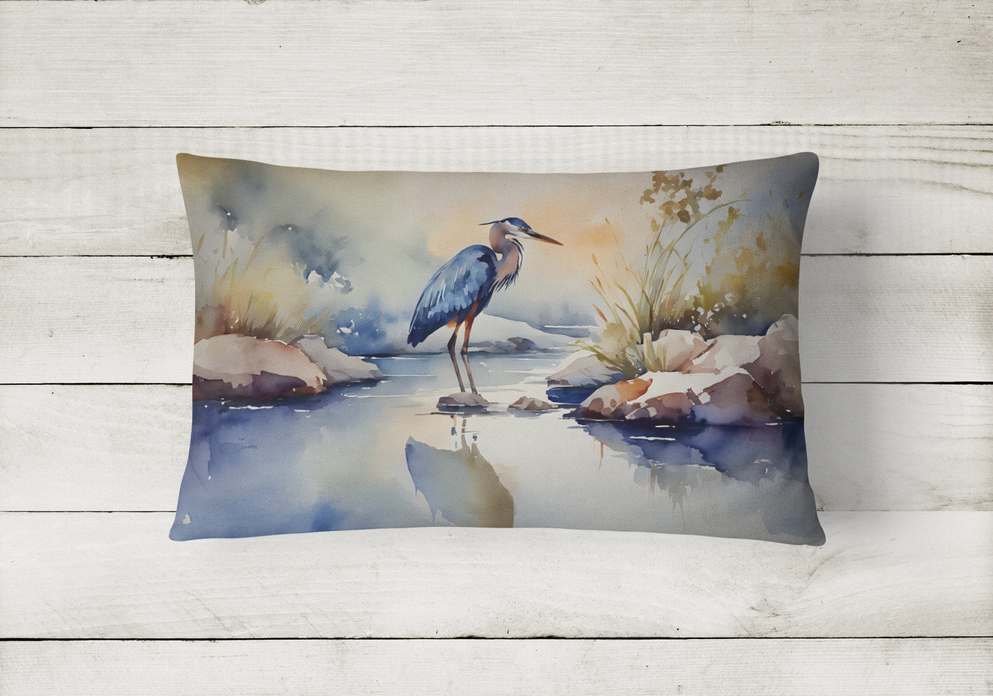 Blue Heron Decorative Throw Pillow 12x16 Indoor Outdoor Accent Cushion, Fabric Cover with Insert for Sofa, Bed, Porch & Living Room