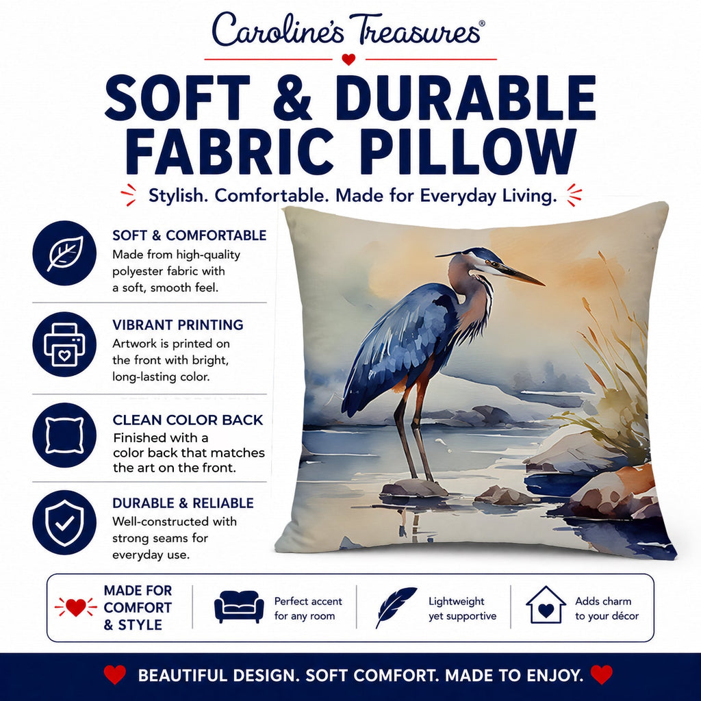 Blue Heron Decorative Throw Pillow 14x14 Indoor Outdoor Accent Cushion, Fabric Cover with Insert for Sofa, Bed, Porch & Living Room