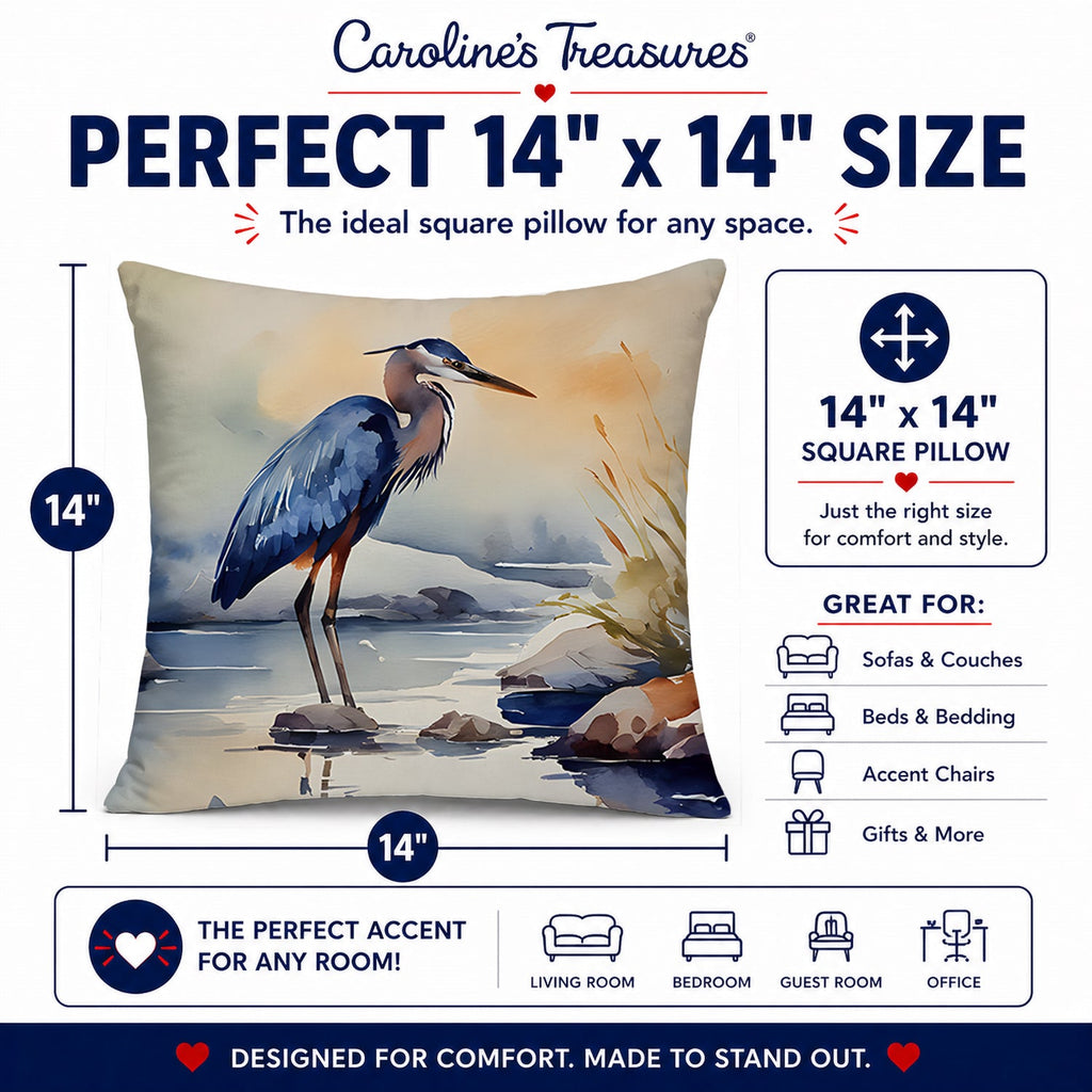 Blue Heron Decorative Throw Pillow 14x14 Indoor Outdoor Accent Cushion, Fabric Cover with Insert for Sofa, Bed, Porch & Living Room