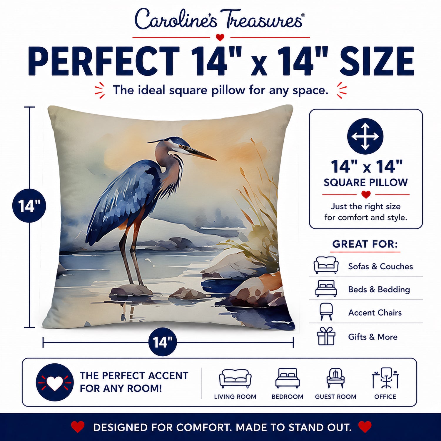 Blue Heron Decorative Throw Pillow 14x14 Indoor Outdoor Accent Cushion, Fabric Cover with Insert for Sofa, Bed, Porch & Living Room