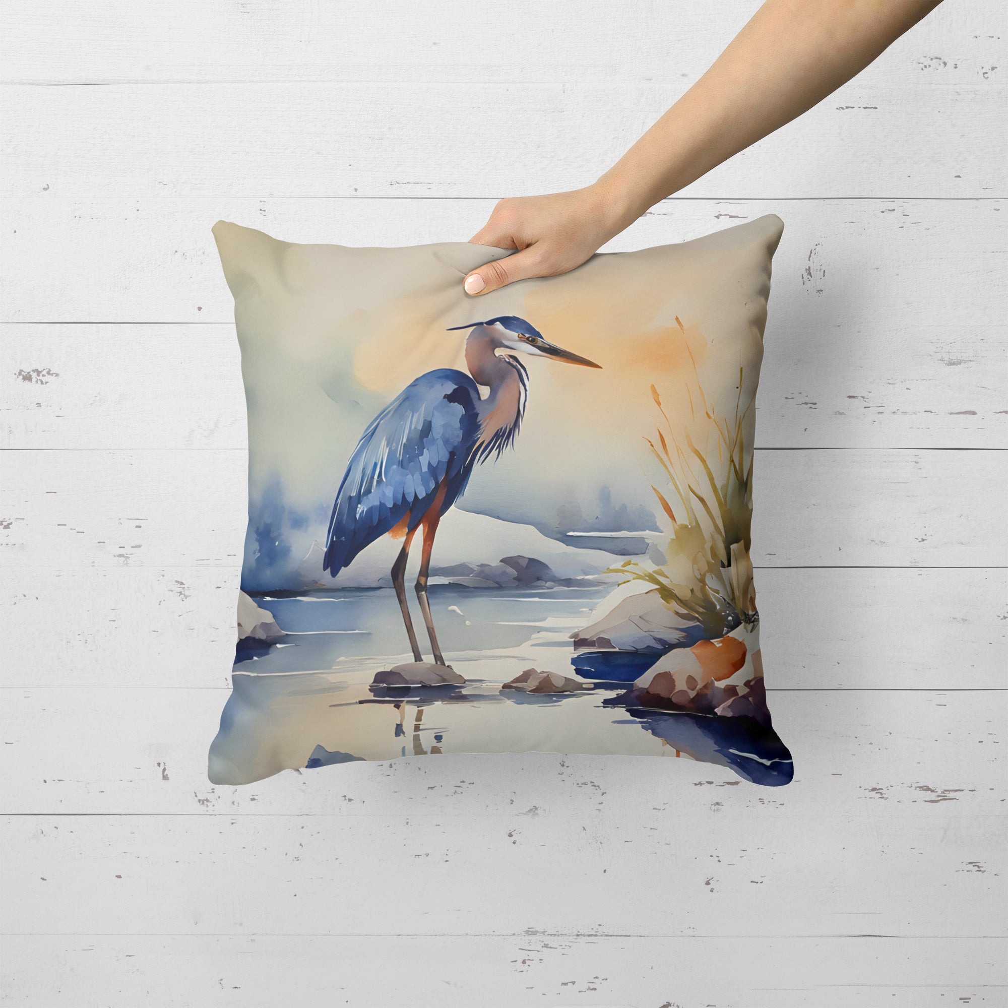 Blue Heron Decorative Throw Pillow 18x18 Indoor Outdoor Accent Cushion, Fabric Cover with Insert for Sofa, Bed, Porch & Living Room