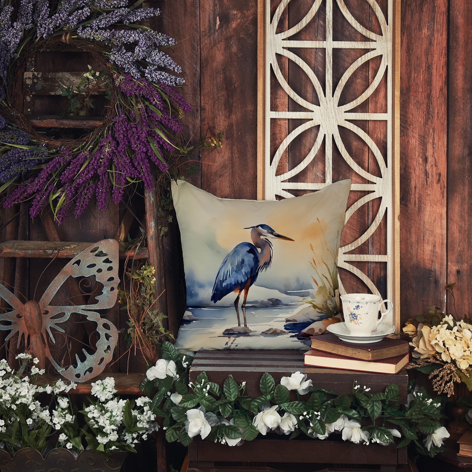 Blue Heron Decorative Throw Pillow 18x18 Indoor Outdoor Accent Cushion, Fabric Cover with Insert for Sofa, Bed, Porch & Living Room