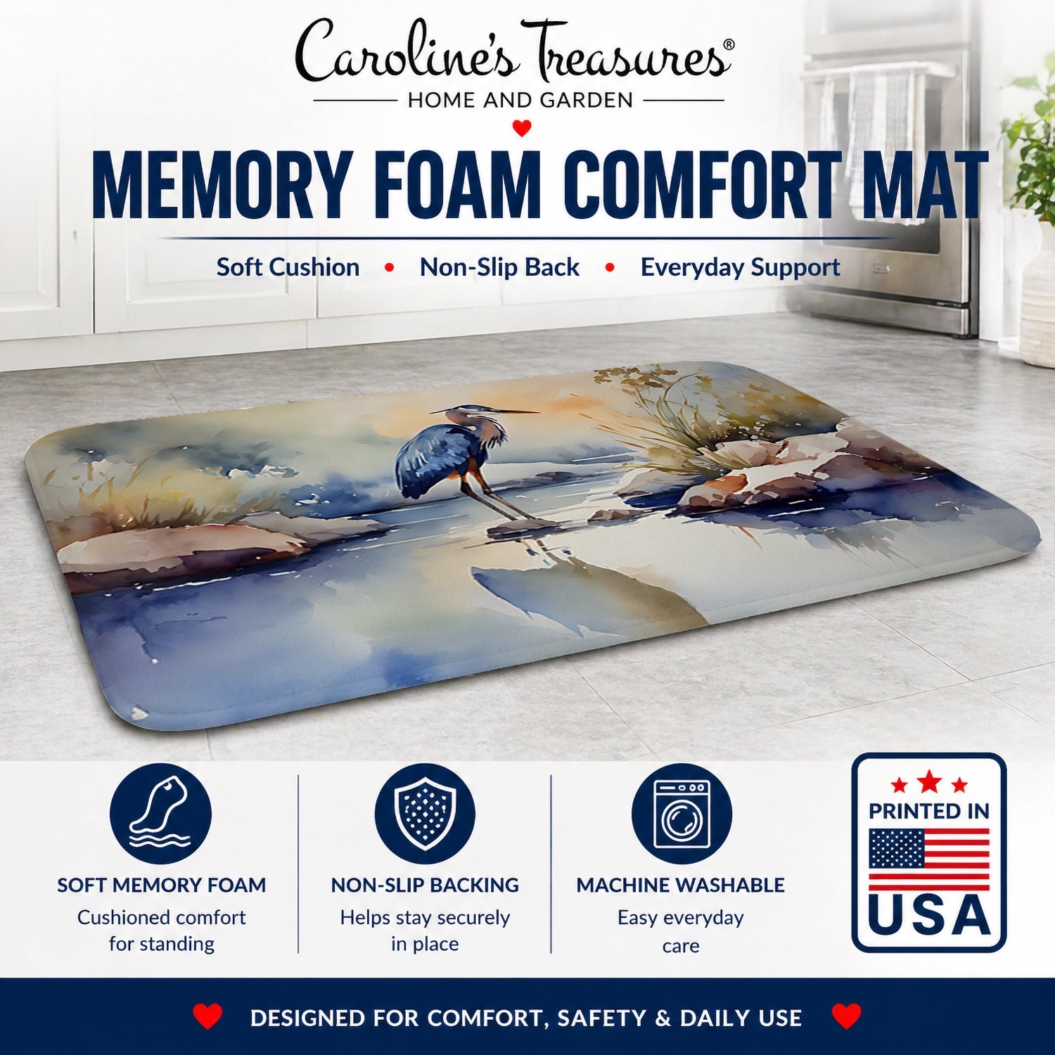 Blue Heron Memory Foam Kitchen Mat Machine Washable Anti-Fatigue Cushion Comfort Bath or Kitchen Rug