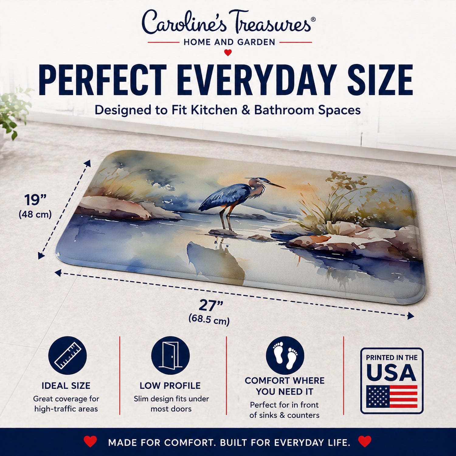 Blue Heron Memory Foam Kitchen Mat Machine Washable Anti-Fatigue Cushion Comfort Bath or Kitchen Rug