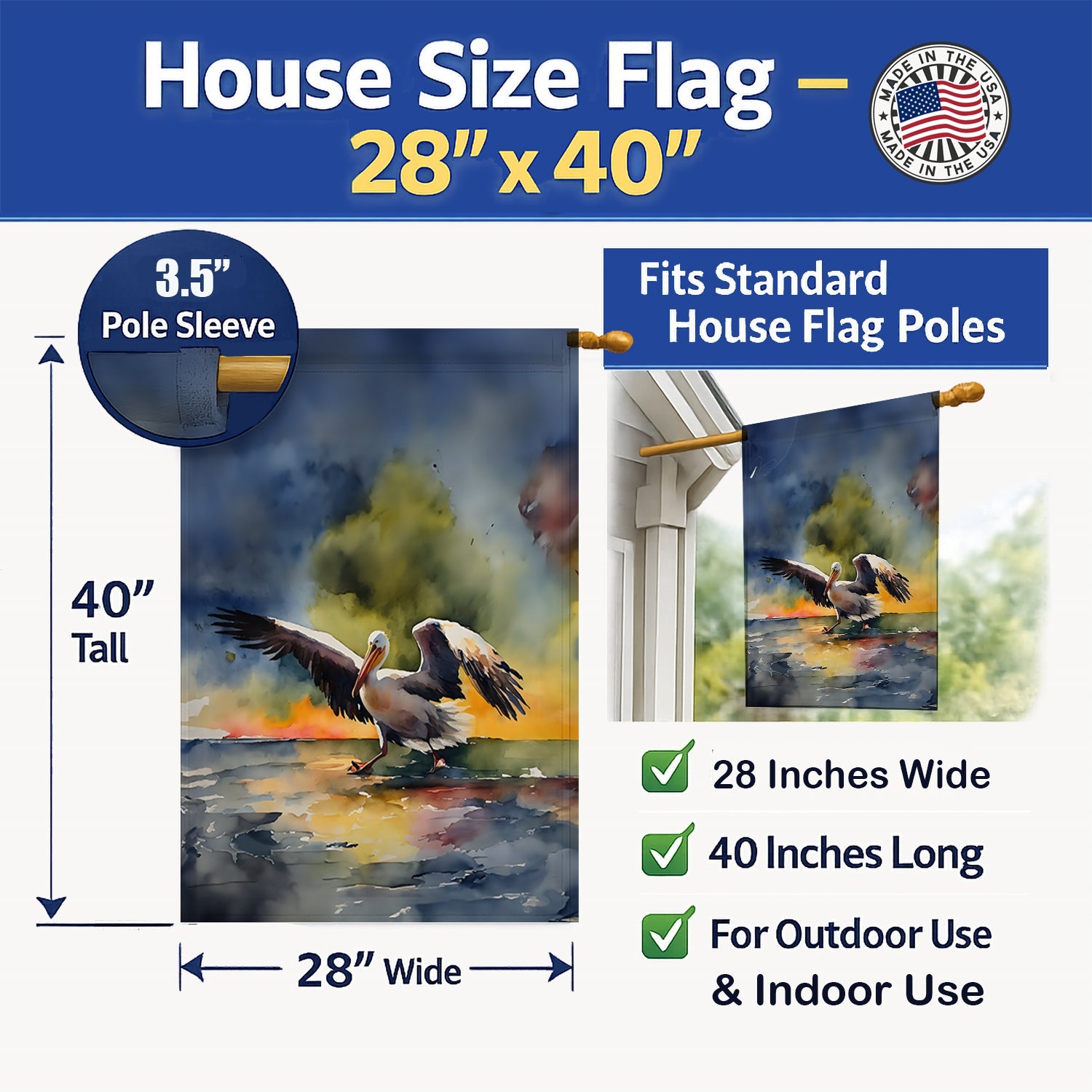 Pelican House Flag 28x40 Porch Sleeve Pole Decorative Outside Yard Banner Artwork Wall Hanging, Polyester