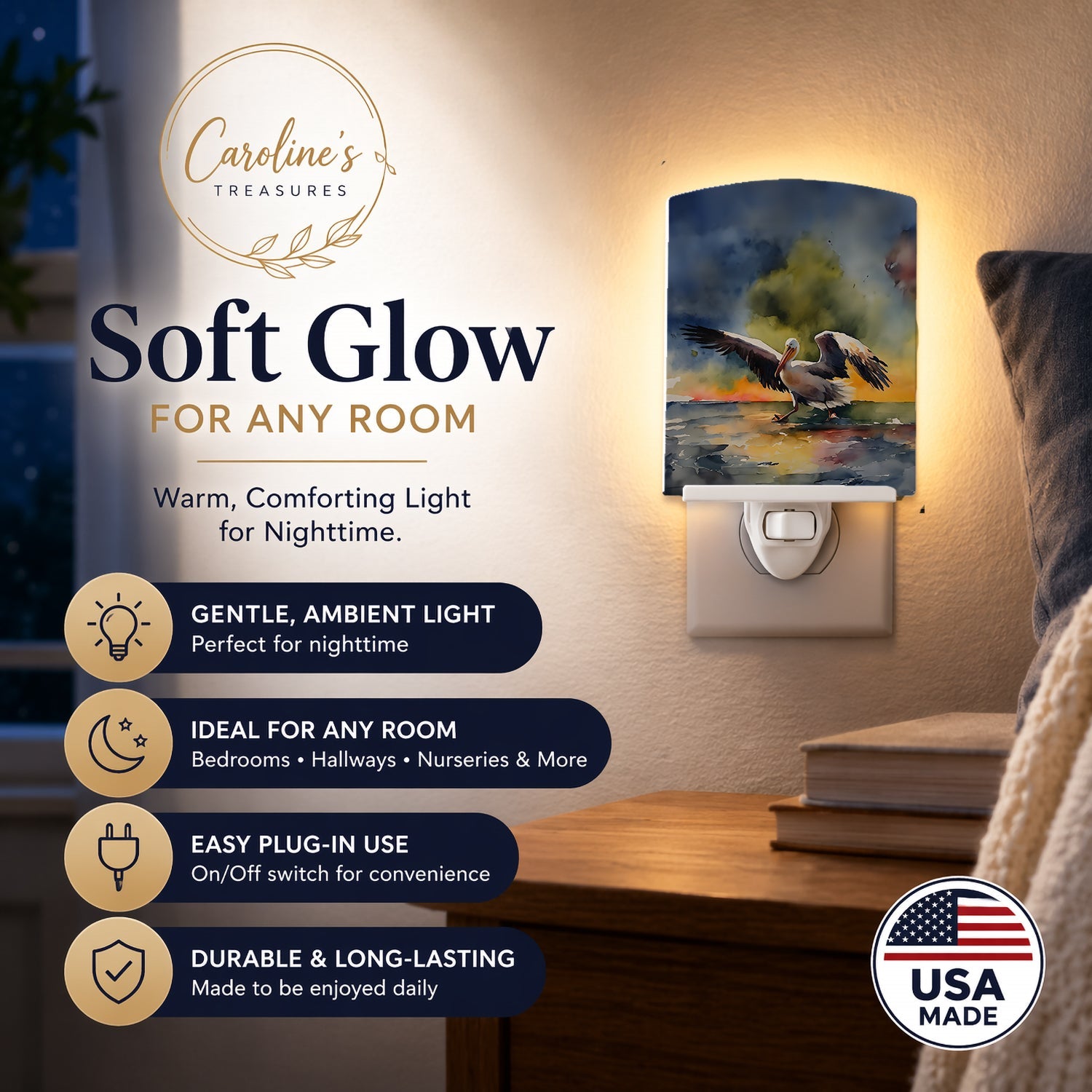 Pelican Ceramic Night Light Compact, UL-Certified, Ideal for Bedroom, Bathroom, Nursery, Hallway, Kitchen, 6x4x3, Multicolor