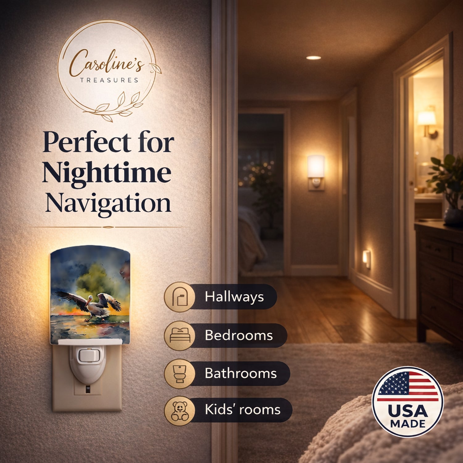 Pelican Ceramic Night Light Compact, UL-Certified, Ideal for Bedroom, Bathroom, Nursery, Hallway, Kitchen, 6x4x3, Multicolor