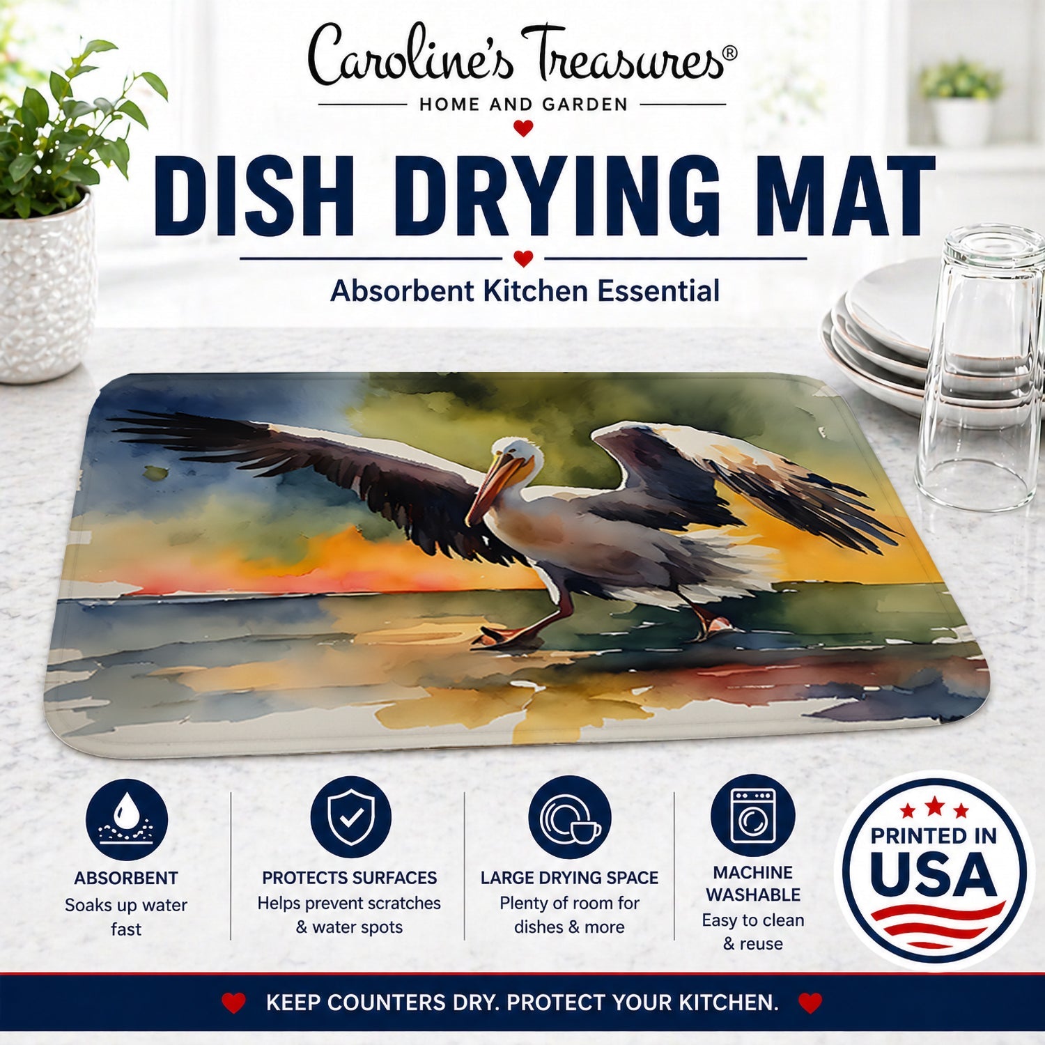 Pelican Dish Drying Mat Absorbent Dish Drying Mat Pad for Kitchen Counter Dish Drainer Mat for Countertop, 14 x 21", Multicolor