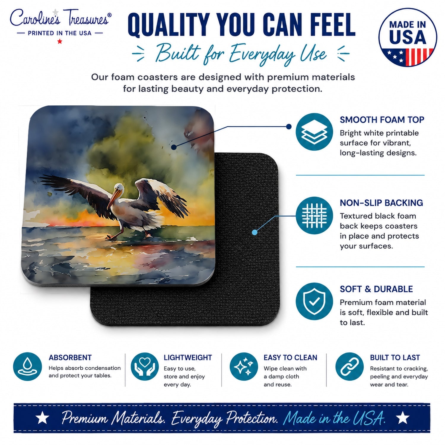 Pelican Foam Coasters Set of 4 Cup Coasters for Indoor Outdoor, Tabletop Protection, Anti Slip, Mouse pad Material