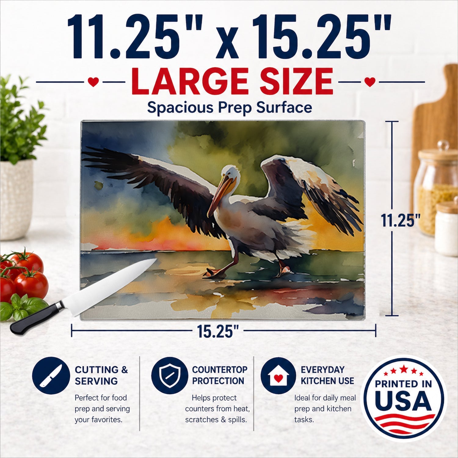 Pelican Cutting Board Tempered Glass Kitchen Cutting Surface, Heat Resistant Chopping, Non-Slip Feet, Food Prep & Serving