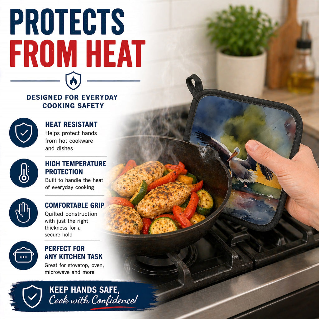 Pelican Pot Holder Set of 2 Heat Resistant Quilted Hot Pads 7.5 x 7.5 Inch, Insulated Kitchen Trivets for Cooking & Baking