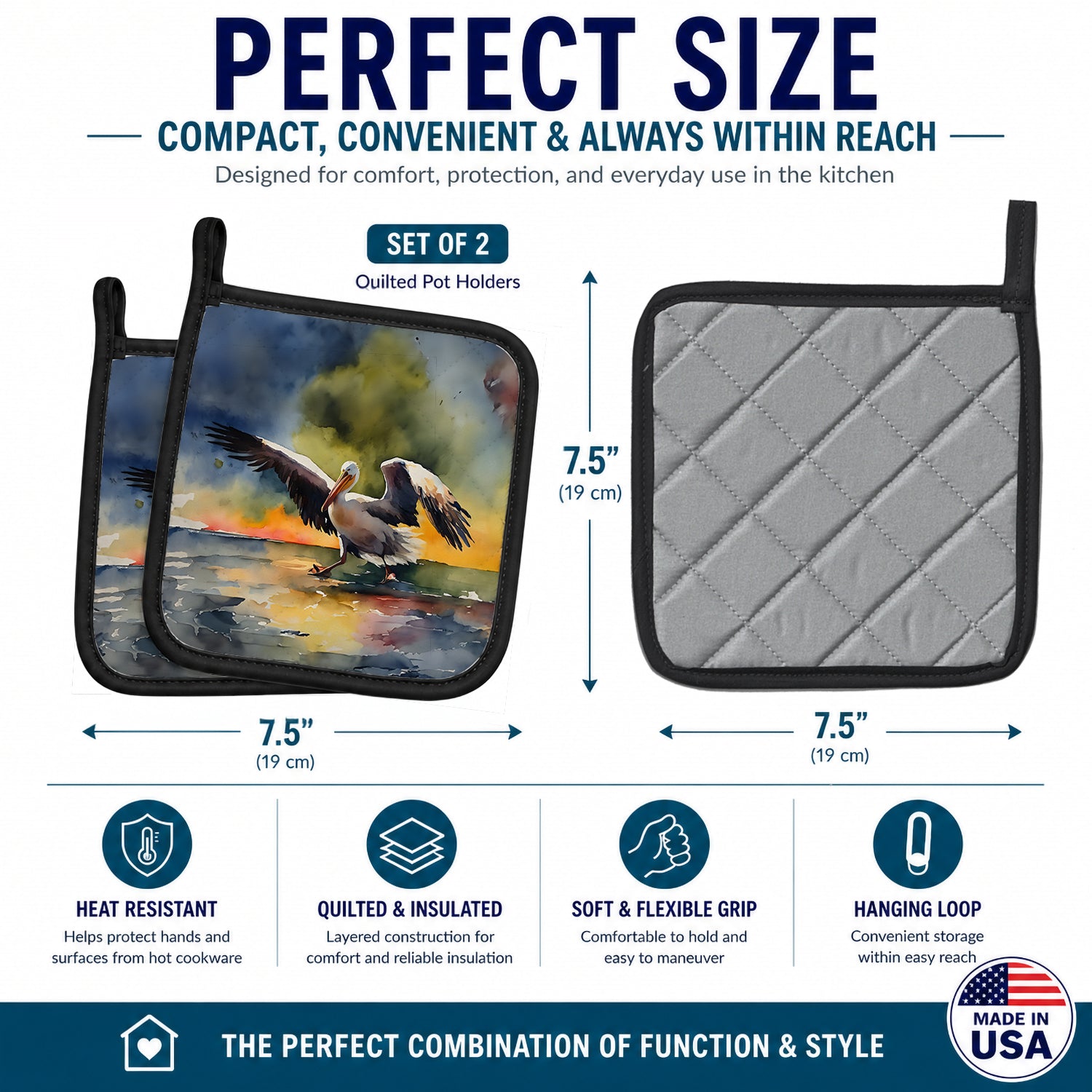 Pelican Pot Holder Set of 2 Heat Resistant Quilted Hot Pads 7.5 x 7.5 Inch, Insulated Kitchen Trivets for Cooking & Baking