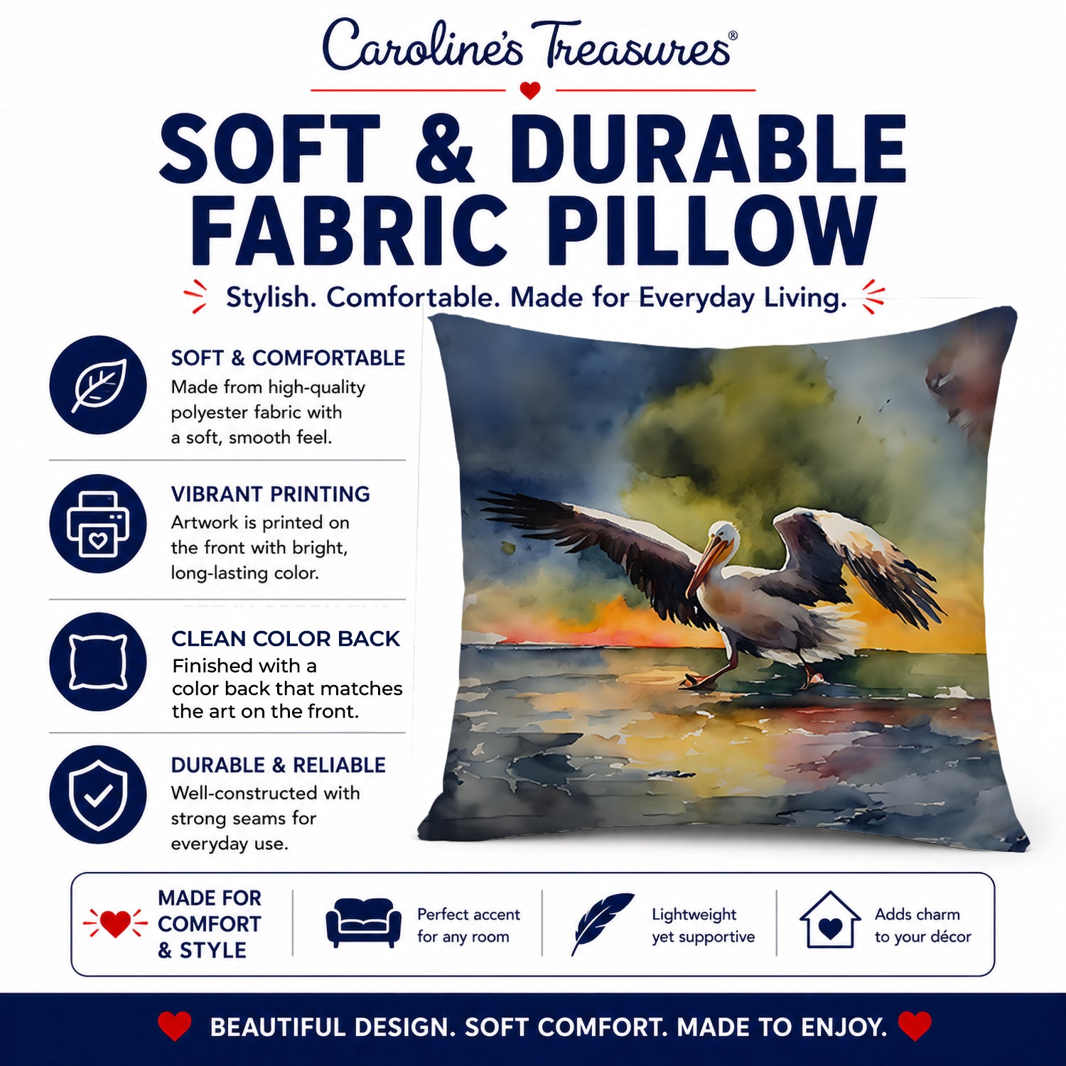 Pelican Decorative Throw Pillow 14x14 Indoor Outdoor Accent Cushion, Fabric Cover with Insert for Sofa, Bed, Porch & Living Room