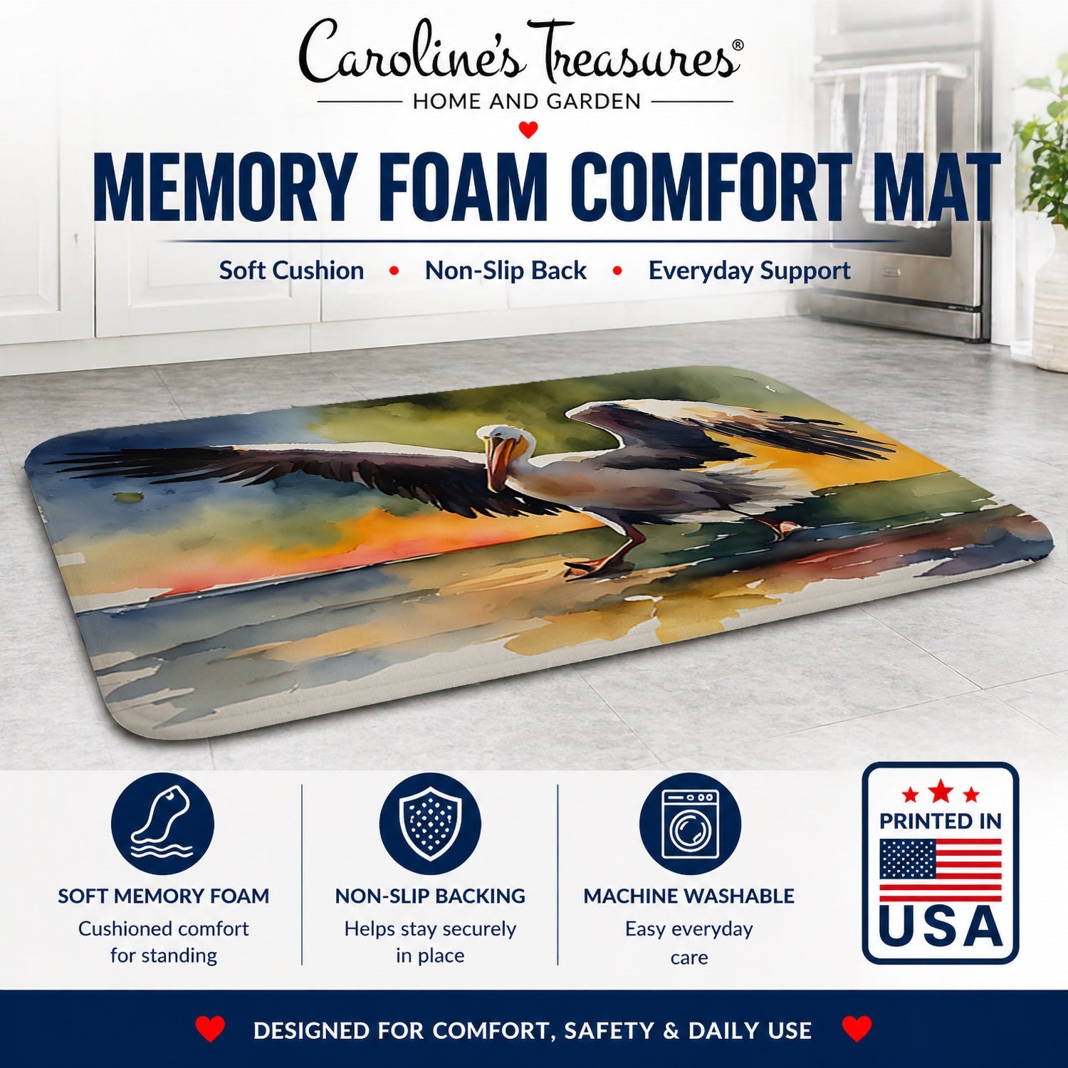 Pelican Memory Foam Kitchen Mat Machine Washable Anti-Fatigue Cushion Comfort Bath or Kitchen Rug