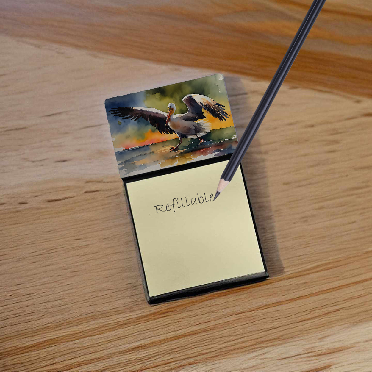 Pelican Watercolor Sticky Note Holder Refillable Dispenser Desk Accessory 3x3 Pad Gift