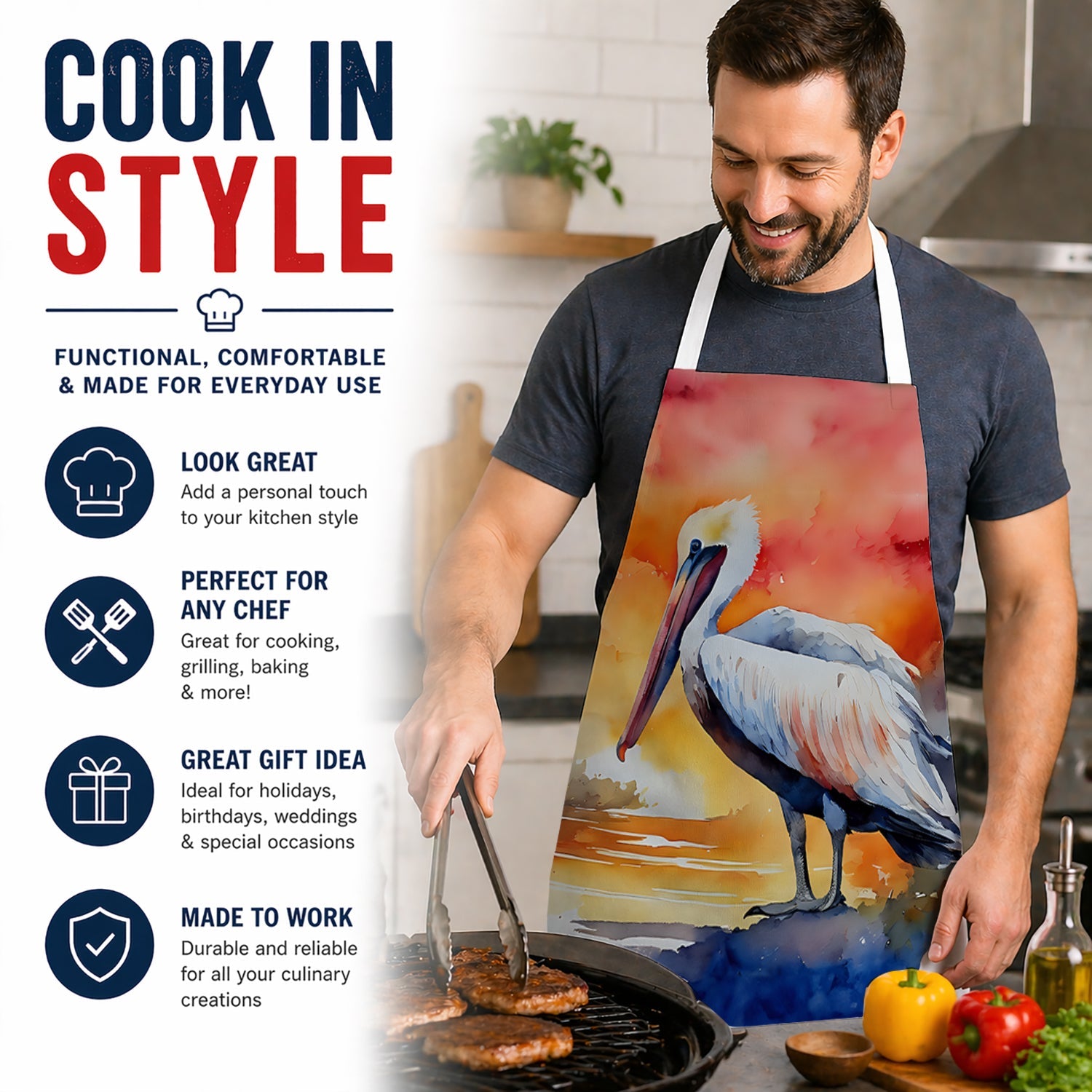 Pelican Apron Cooking Kitchen Server Baking Crafts Gardening for Adult Women Men, Unisex, Large, Multicolor