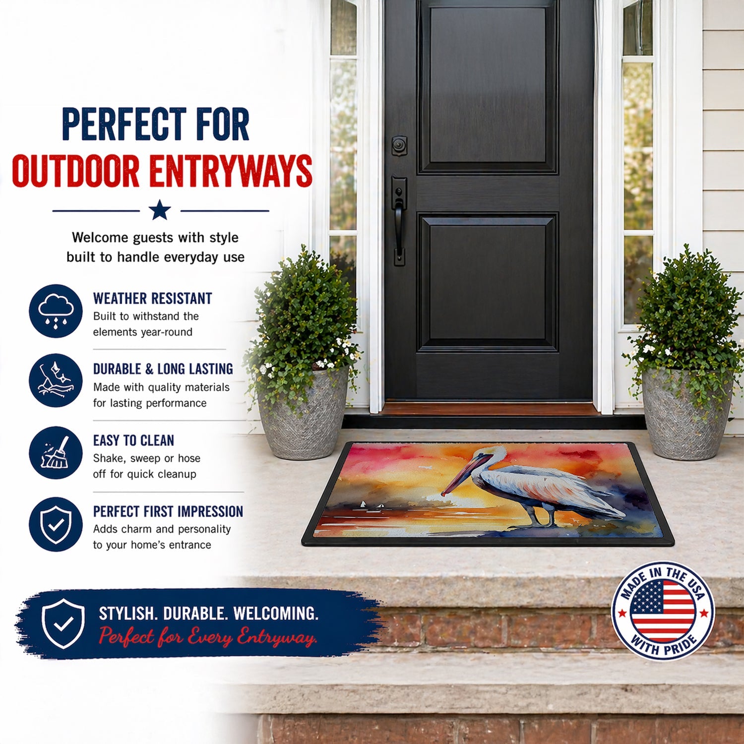 Pelican Doormat Indoor Outdoor 24H X 36W Front Door Mat Rugs for Entryway, Non Slip Washable Low Pile,