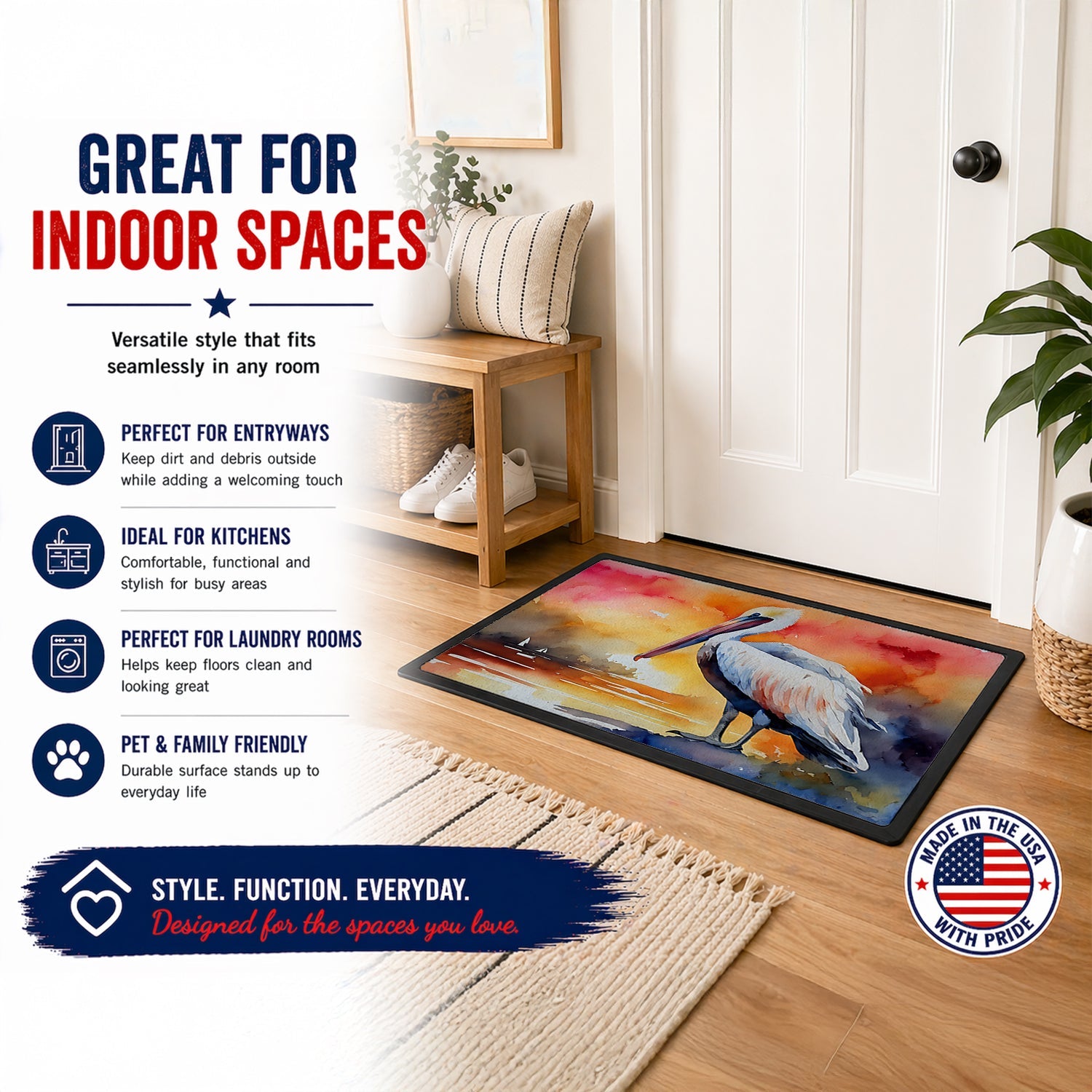 Pelican Doormat Indoor Outdoor 24H X 36W Front Door Mat Rugs for Entryway, Non Slip Washable Low Pile,