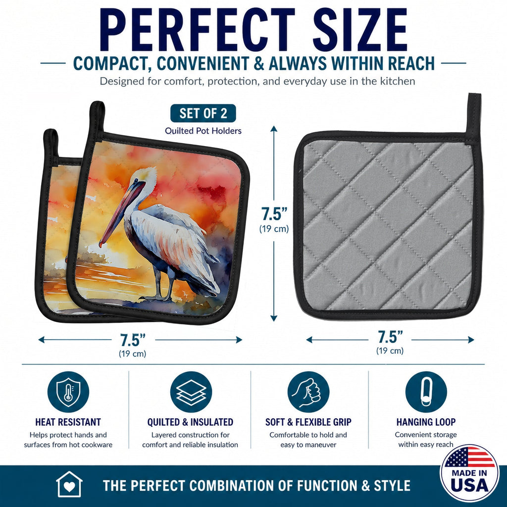 Pelican Pot Holder Set of 2 Heat Resistant Quilted Hot Pads 7.5 x 7.5 Inch, Insulated Kitchen Trivets for Cooking & Baking